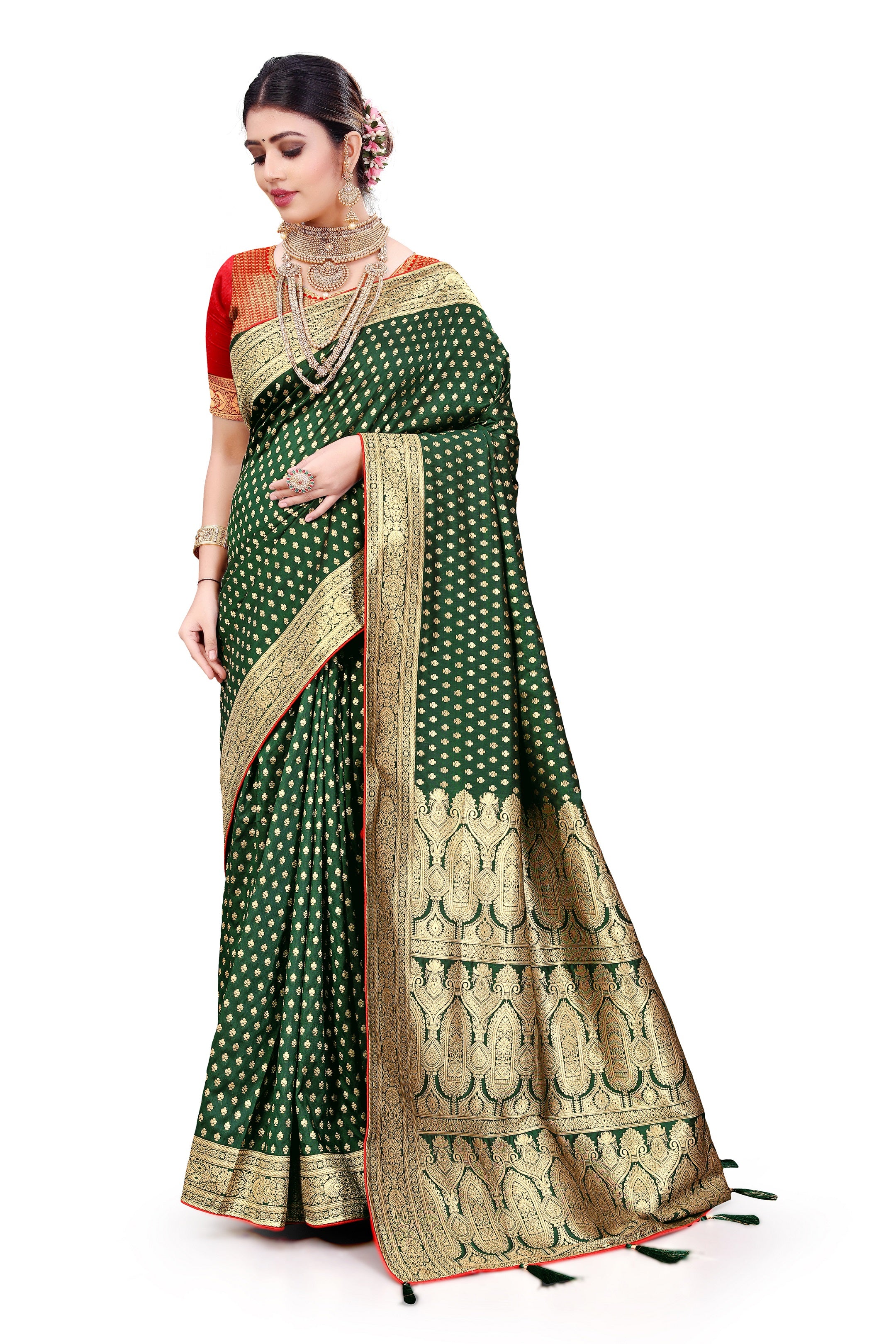 Designer Banarasi Design Cotton Saree With Pure Golden Zari Border And Blouse