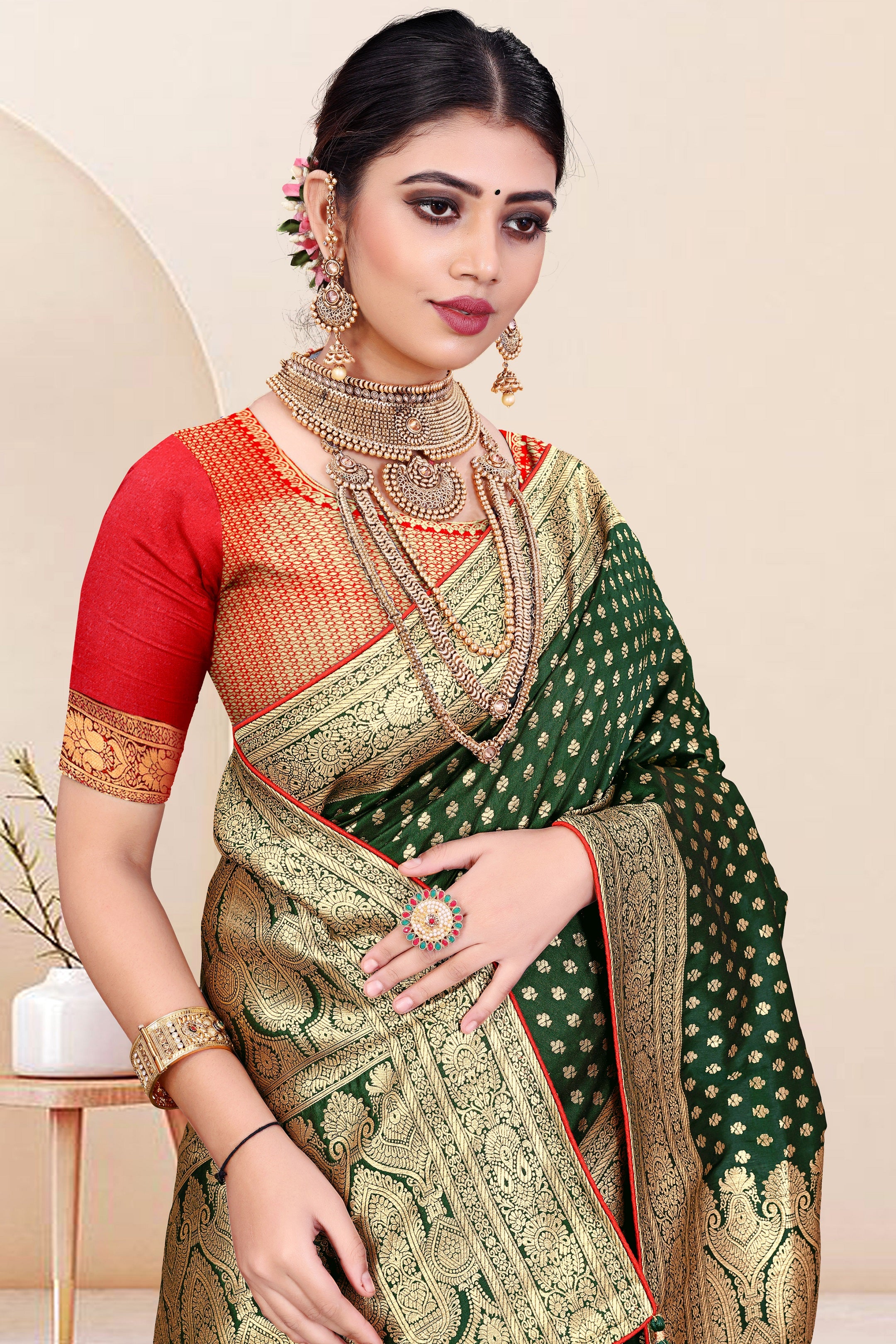 Designer Banarasi Design Cotton Saree With Pure Golden Zari Border And Blouse