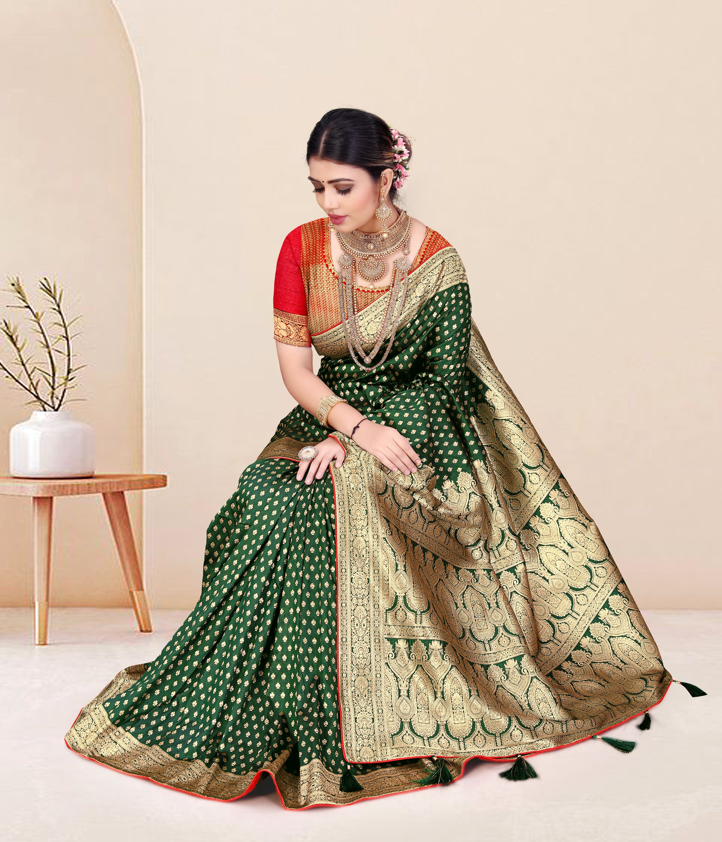 Designer Banarasi Design Cotton Saree With Pure Golden Zari Border And Blouse