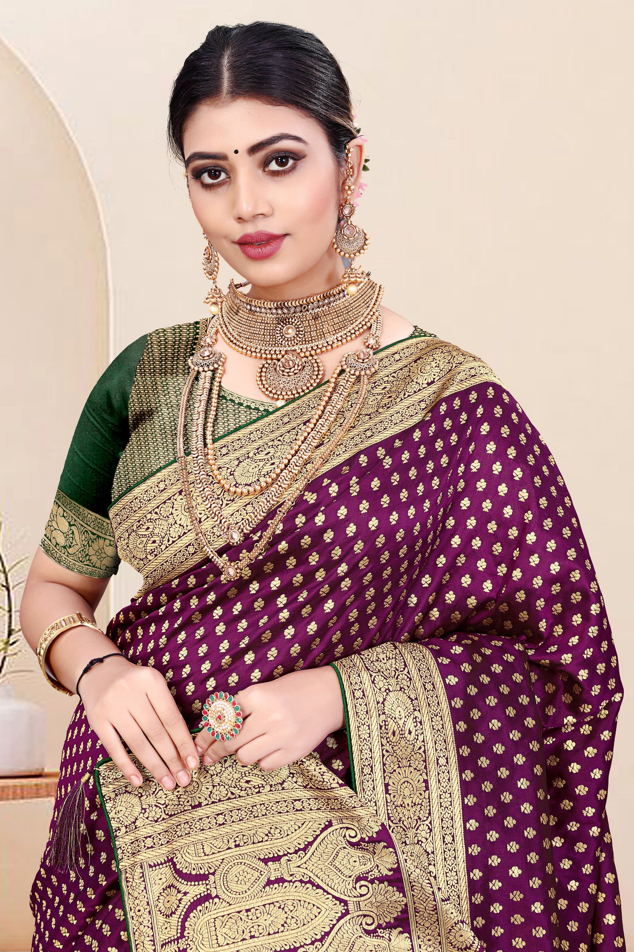 Designer Banarasi Design Cotton Saree With Pure Golden Zari Border And Blouse