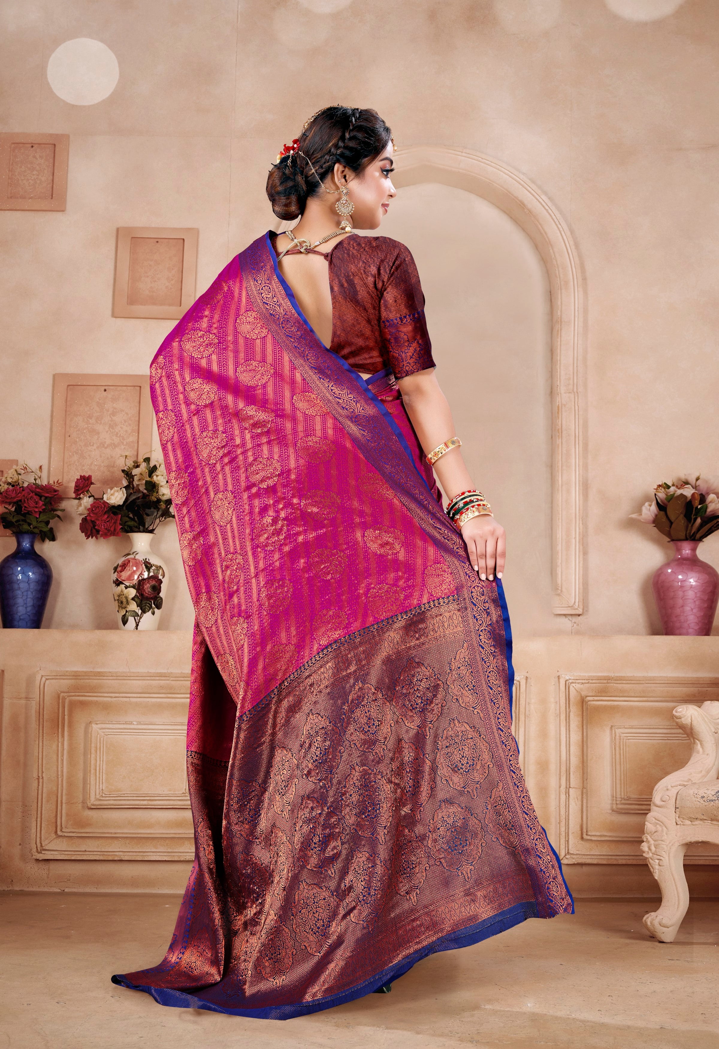 Designer Banarasi Leheriya Design Soft Silk Saree With Pure Golden Zari Border