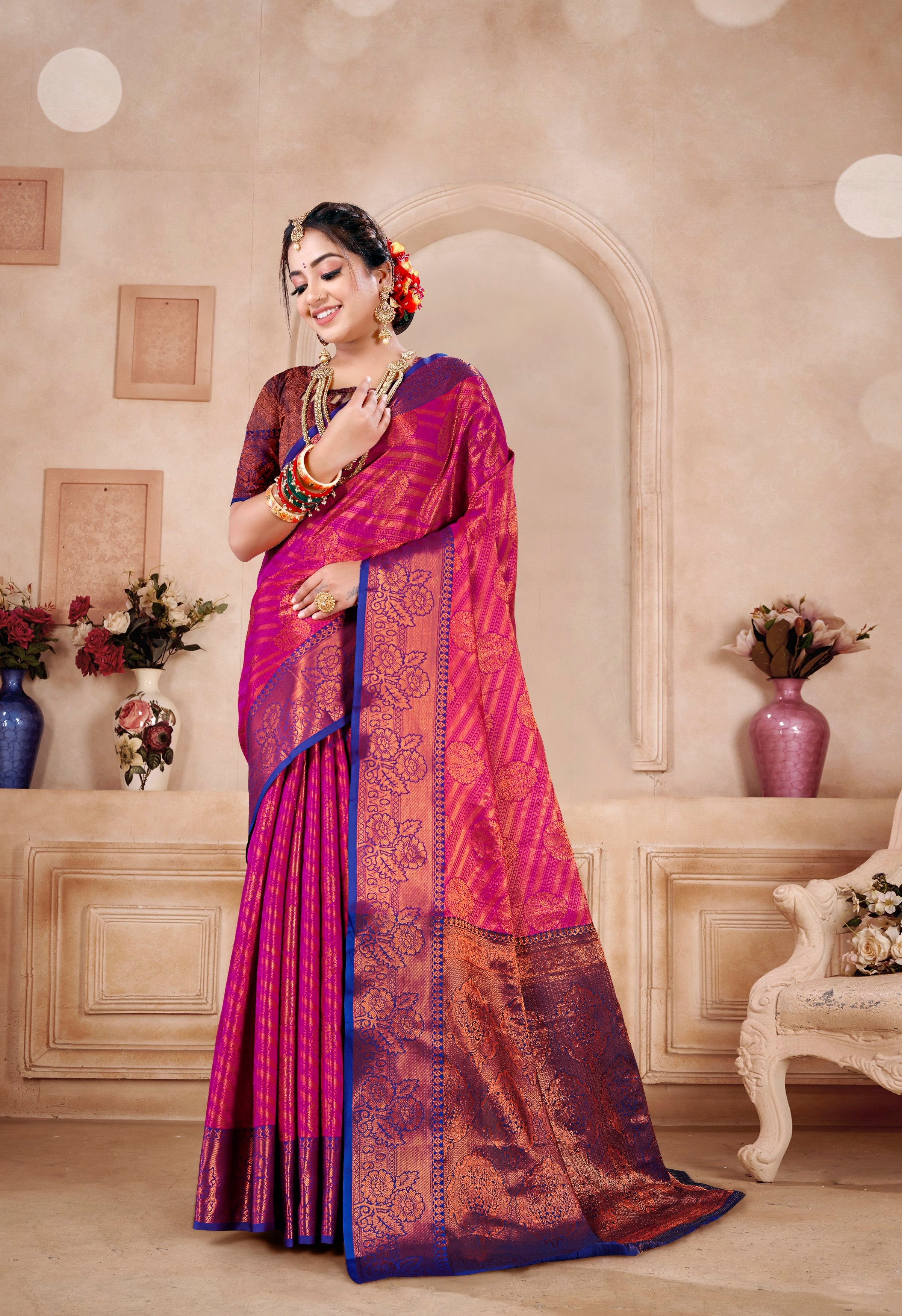 Designer Banarasi Leheriya Design Soft Silk Saree With Pure Golden Zari Border