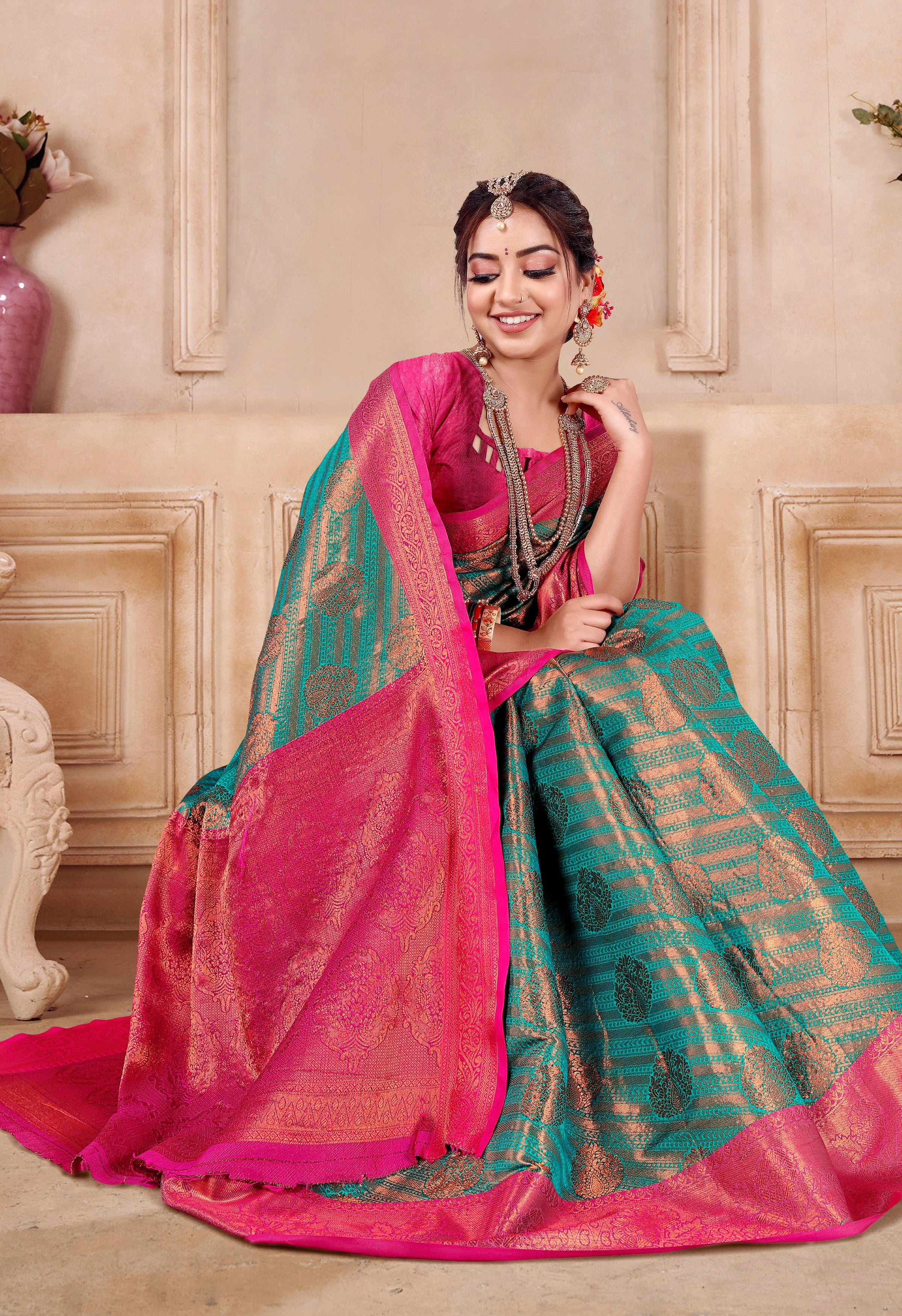 Designer Banarasi Leheriya Design Soft Silk Saree With Pure Golden Zari Border