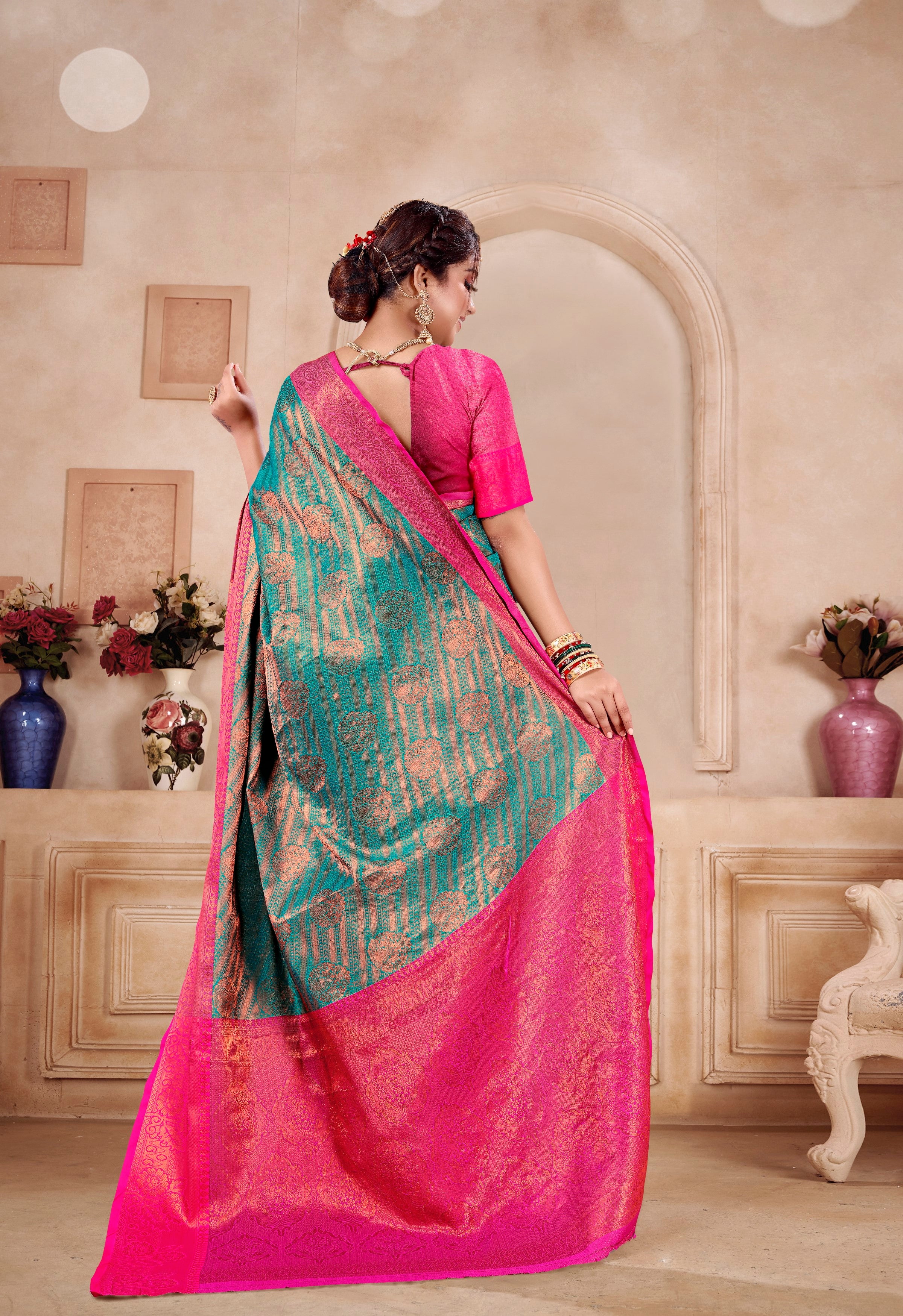 Designer Banarasi Leheriya Design Soft Silk Saree With Pure Golden Zari Border