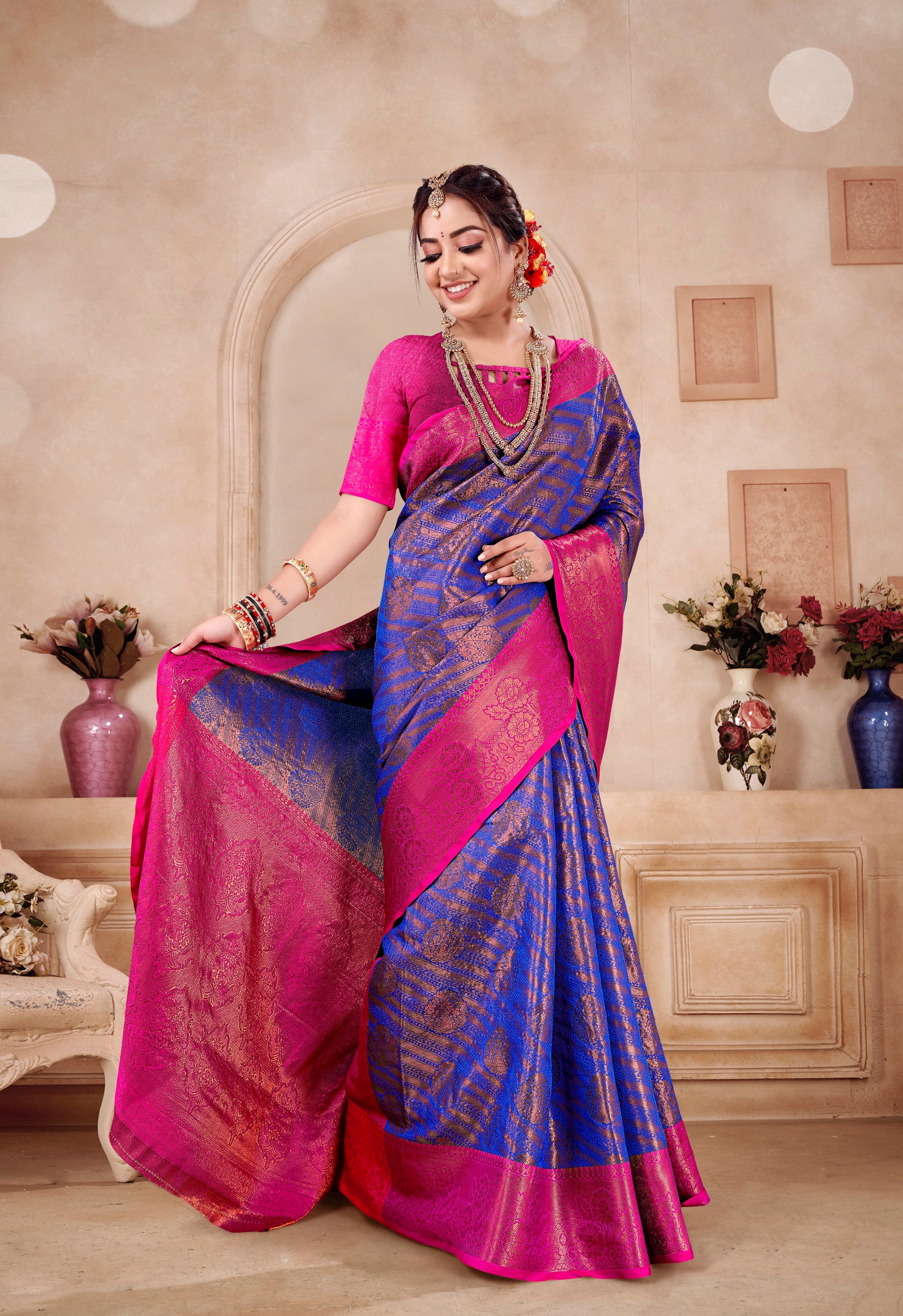 Designer Banarasi Leheriya Design Soft Silk Saree With Pure Golden Zari Border