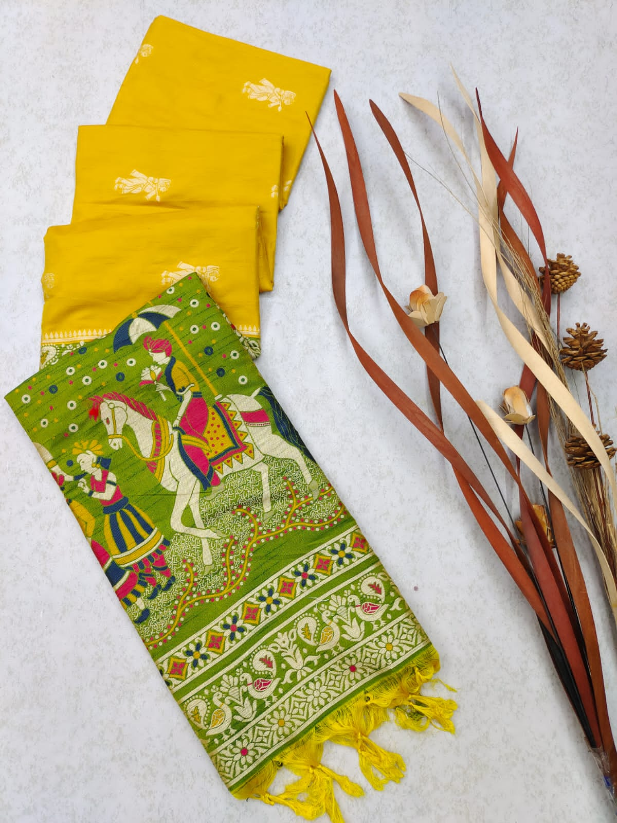 Vsaree Yellow Soft Raw Silk  Saree With Antique Design with Contrast Woven Pallu And Contrast Blouse