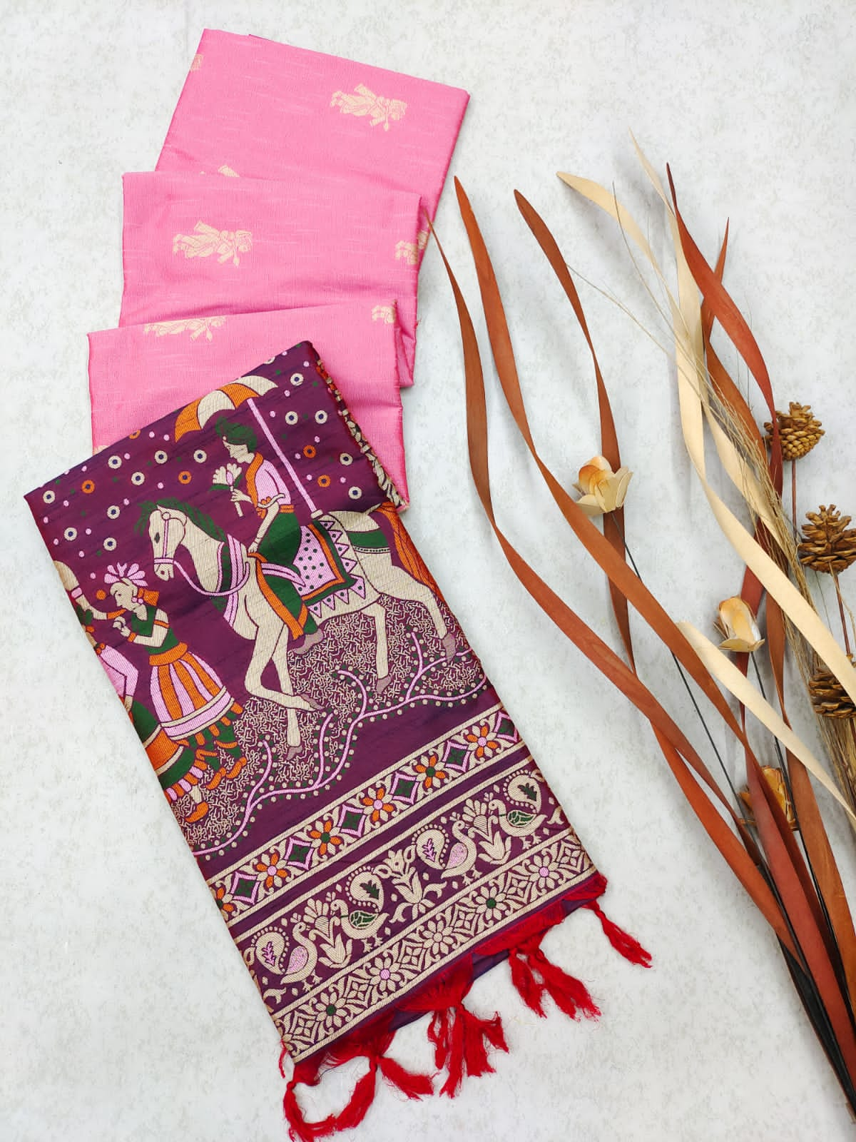 Vsaree Pink Soft Raw Silk  Saree With Antique Design with Contrast Woven Pallu And Contrast Blouse