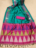 Vsaree Teal raw silk weaving saree And zari woven contrast colour pallu and triangal border with blouse piece