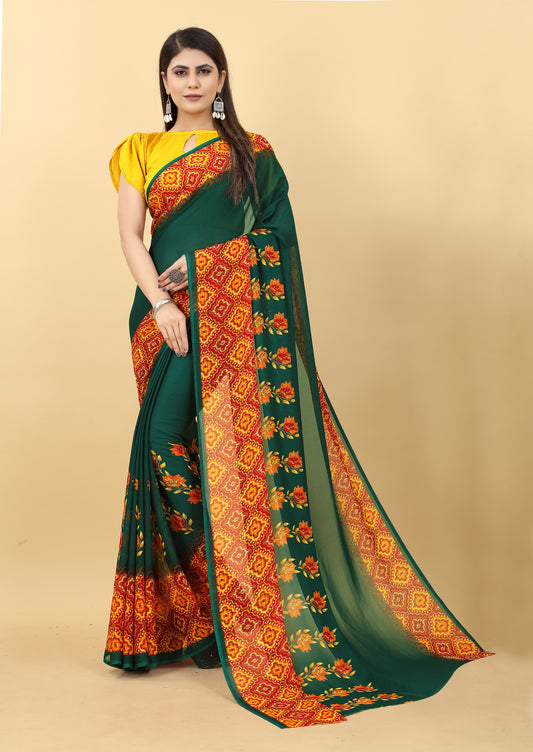 Vsaree Green Georette Designer And Printed Work Saree With Georette Blouse For Women