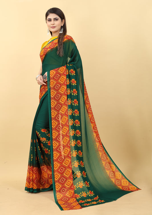 Vsaree Green Georette Designer And Printed Work Saree With Georette Blouse For Women