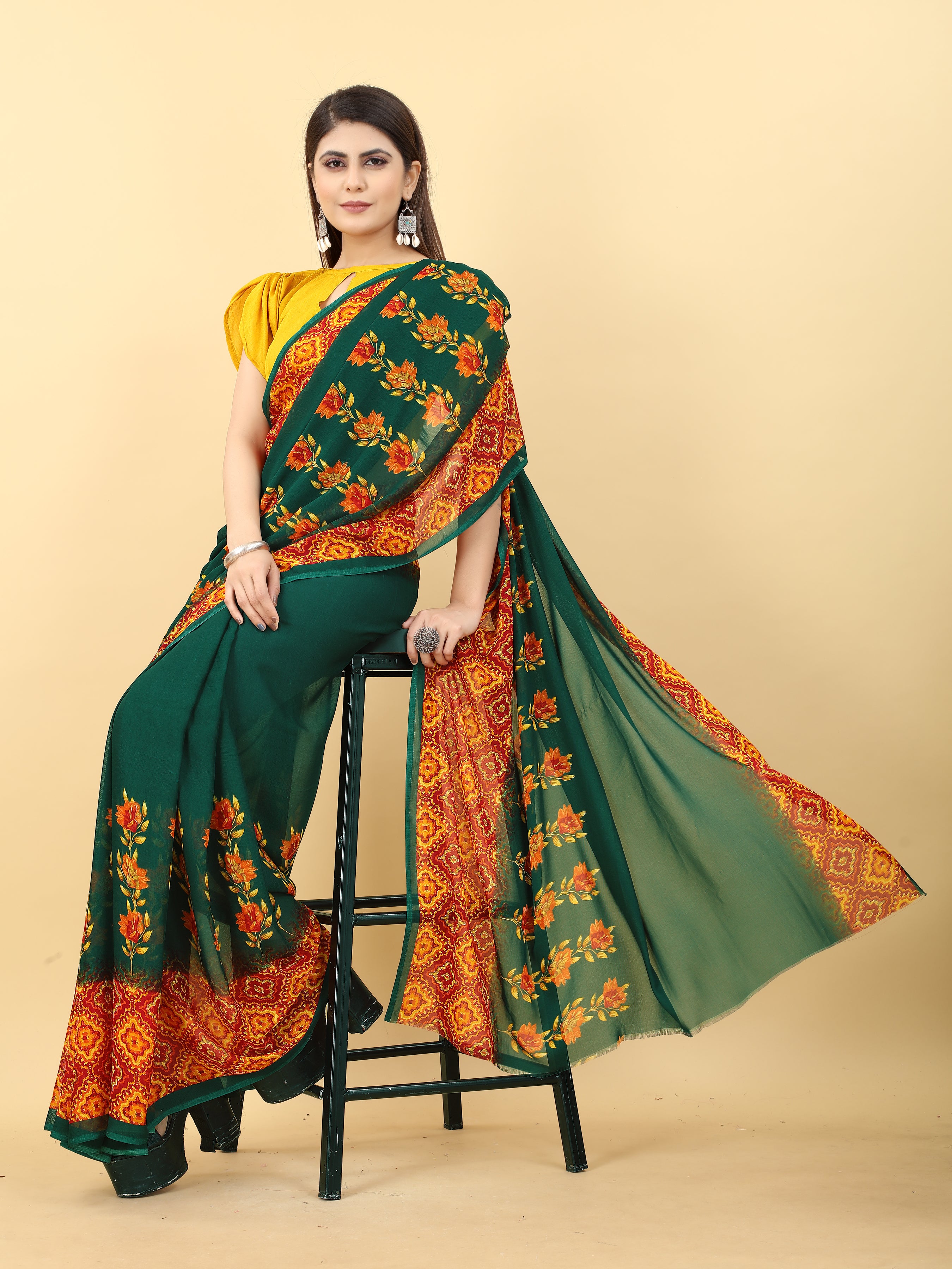 Vsaree Green Georette Designer And Printed Work Saree With Georette Blouse For Women