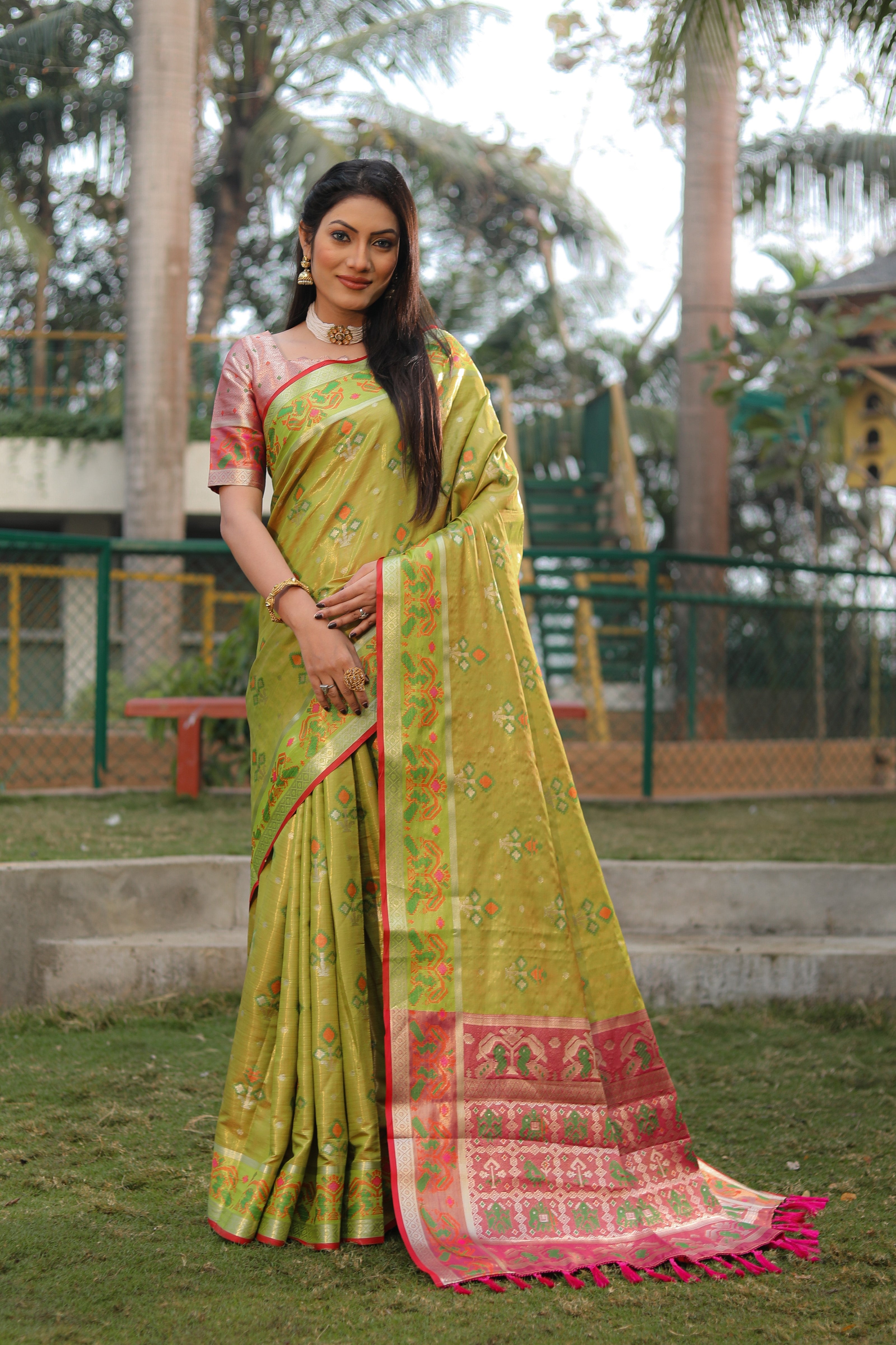 Vsaree Organza Silk Ikkat Golden Zari Weaving Patola Saree With Blouse And Rich Pallu