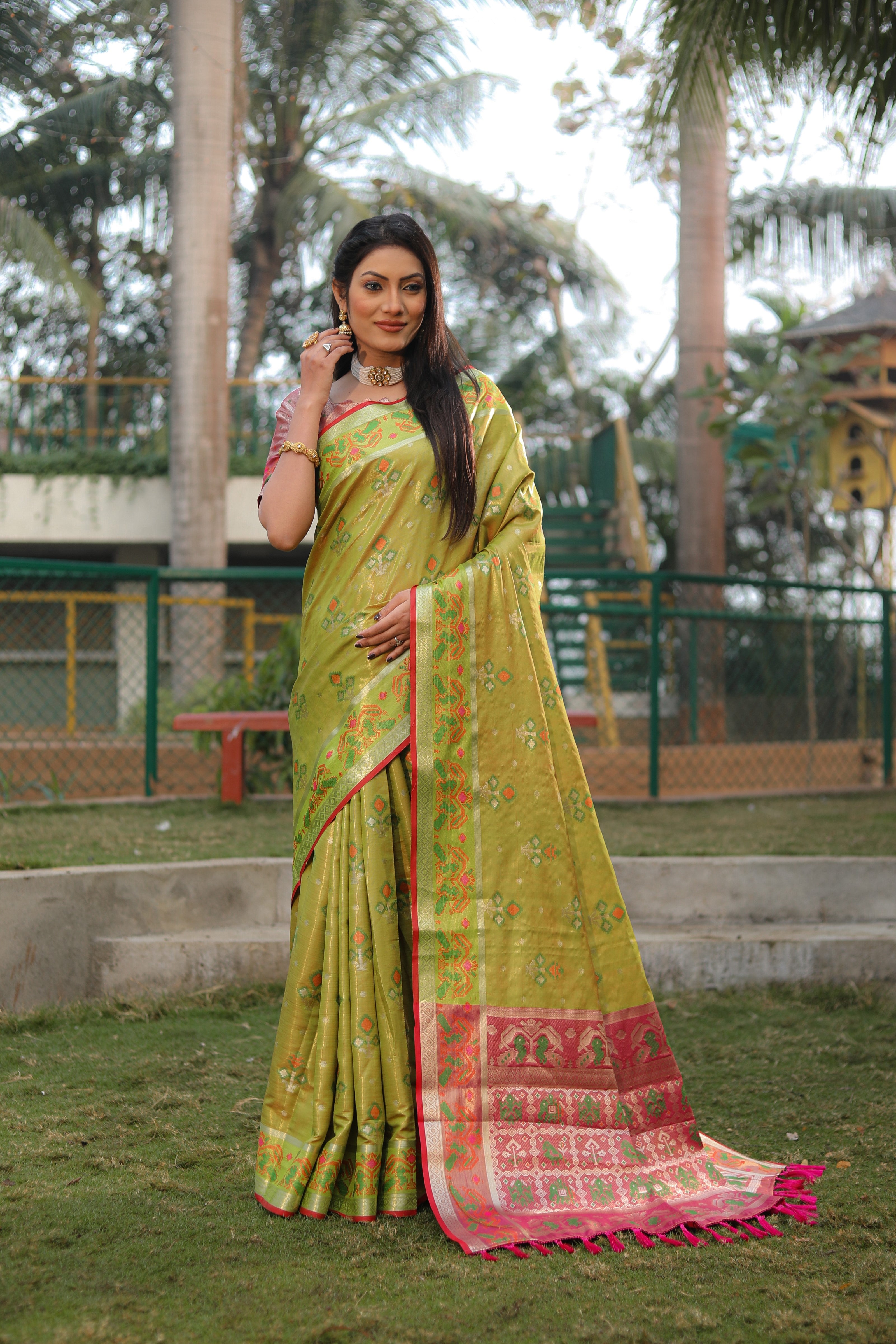 Vsaree Organza Silk Ikkat Golden Zari Weaving Patola Saree With Blouse And Rich Pallu