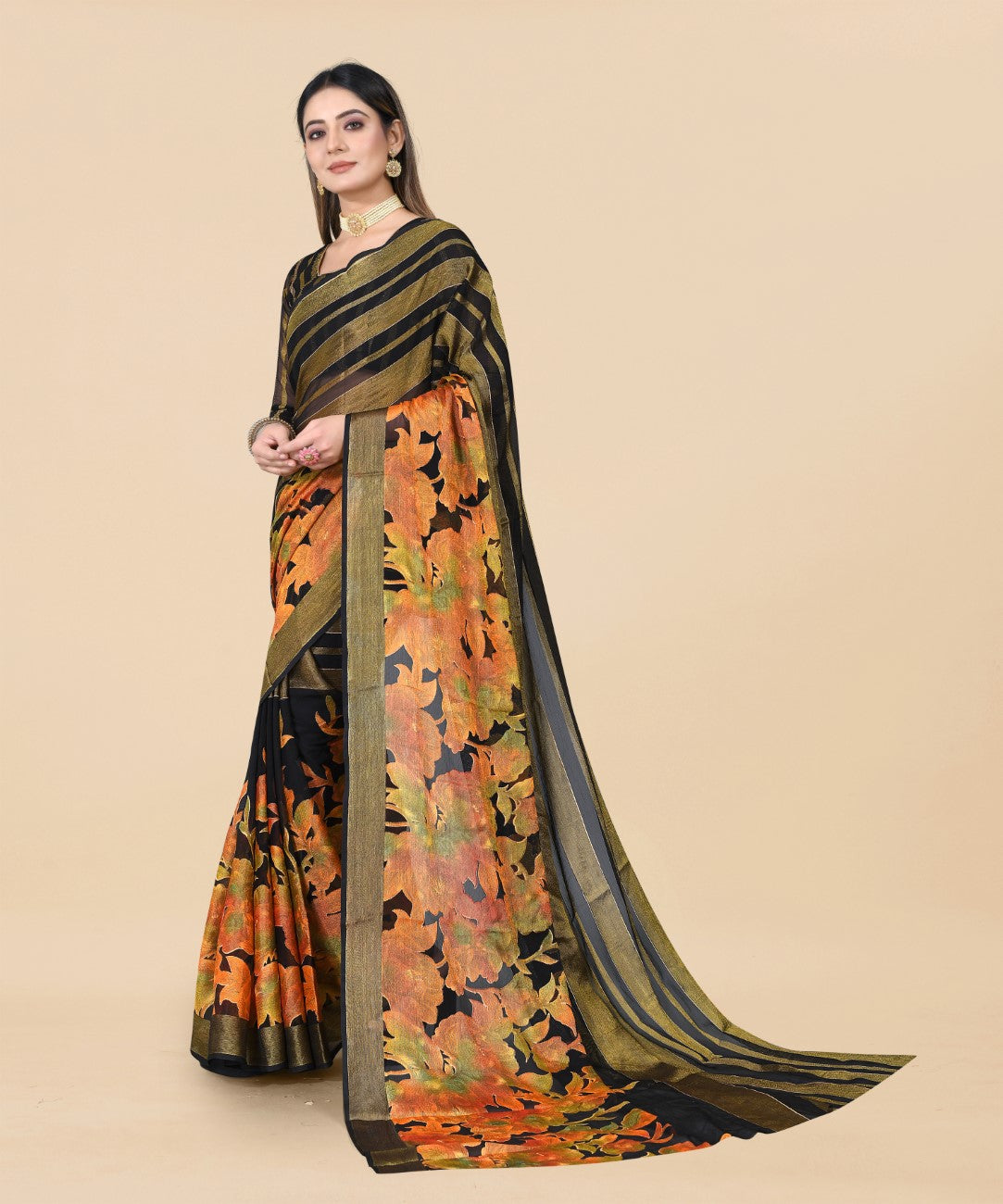 Vsaree Black Ciffon Braso And Zari Weaving And Printed Saree With Blouse And Heavy Rich Pallu