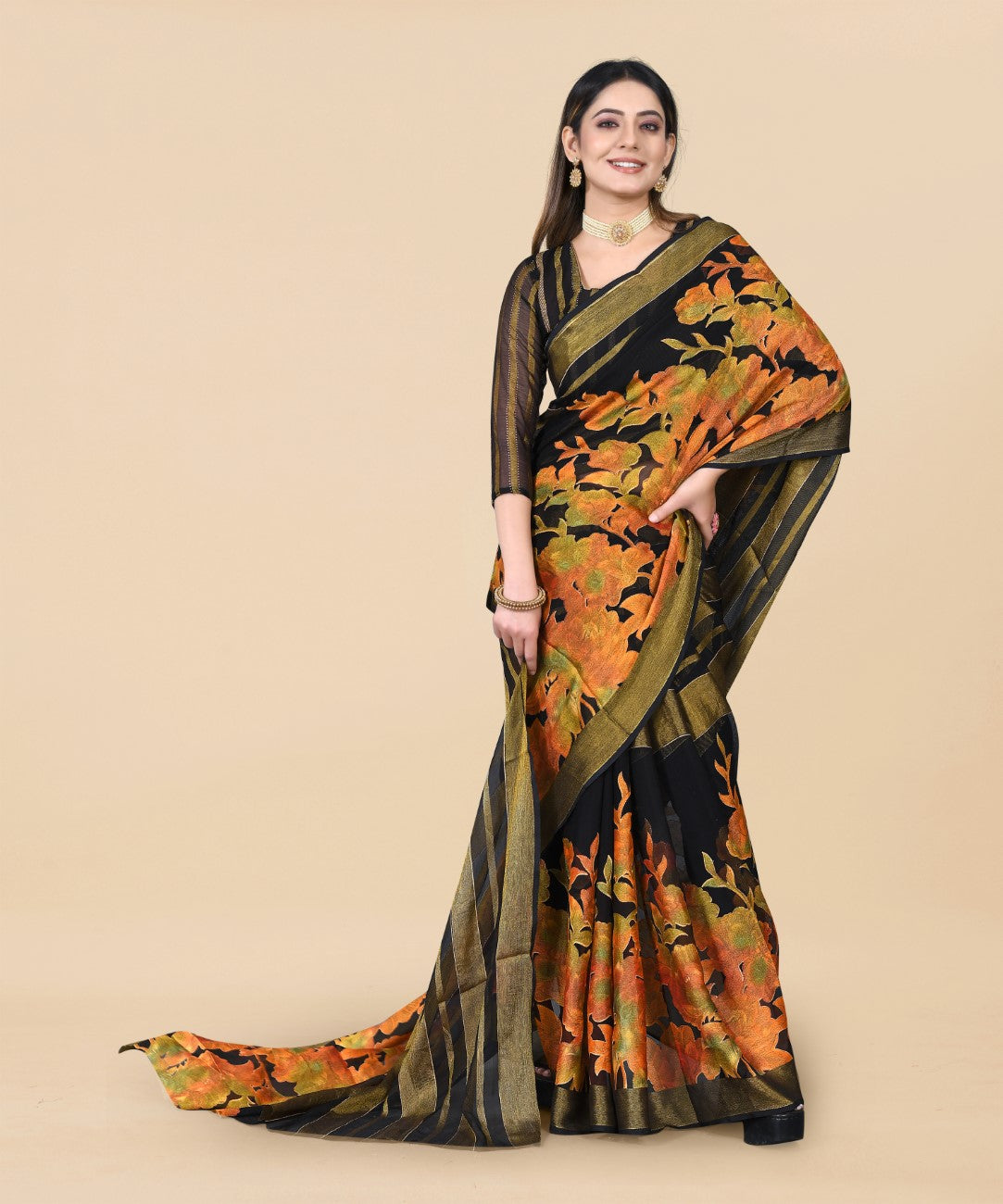 Vsaree Black Ciffon Braso And Zari Weaving And Printed Saree With Blouse And Heavy Rich Pallu