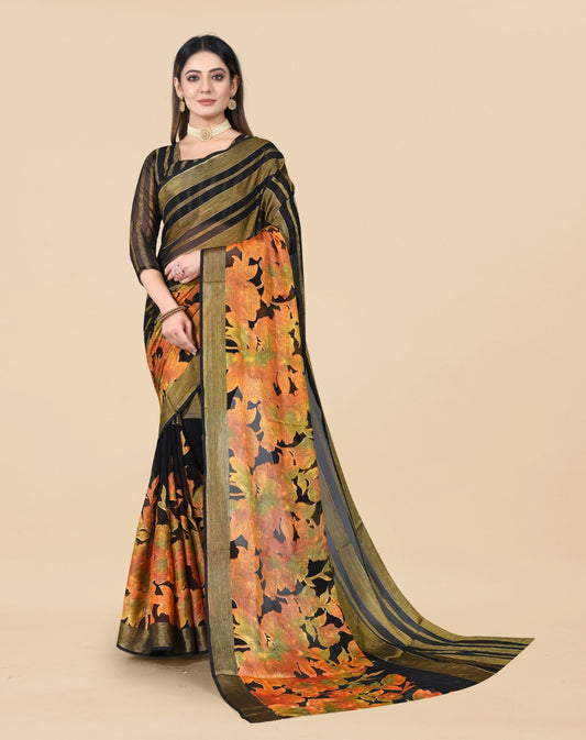 Vsaree Black Ciffon Braso And Zari Weaving And Printed Saree With Blouse And Heavy Rich Pallu