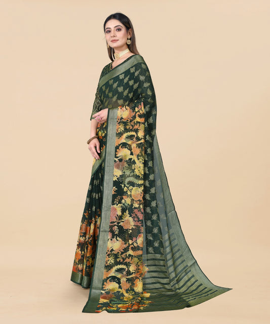 Vsaree Dark Green Ciffon Braso And Zari Weaving And Printed Saree With Blouse And Heavy Rich Pallu