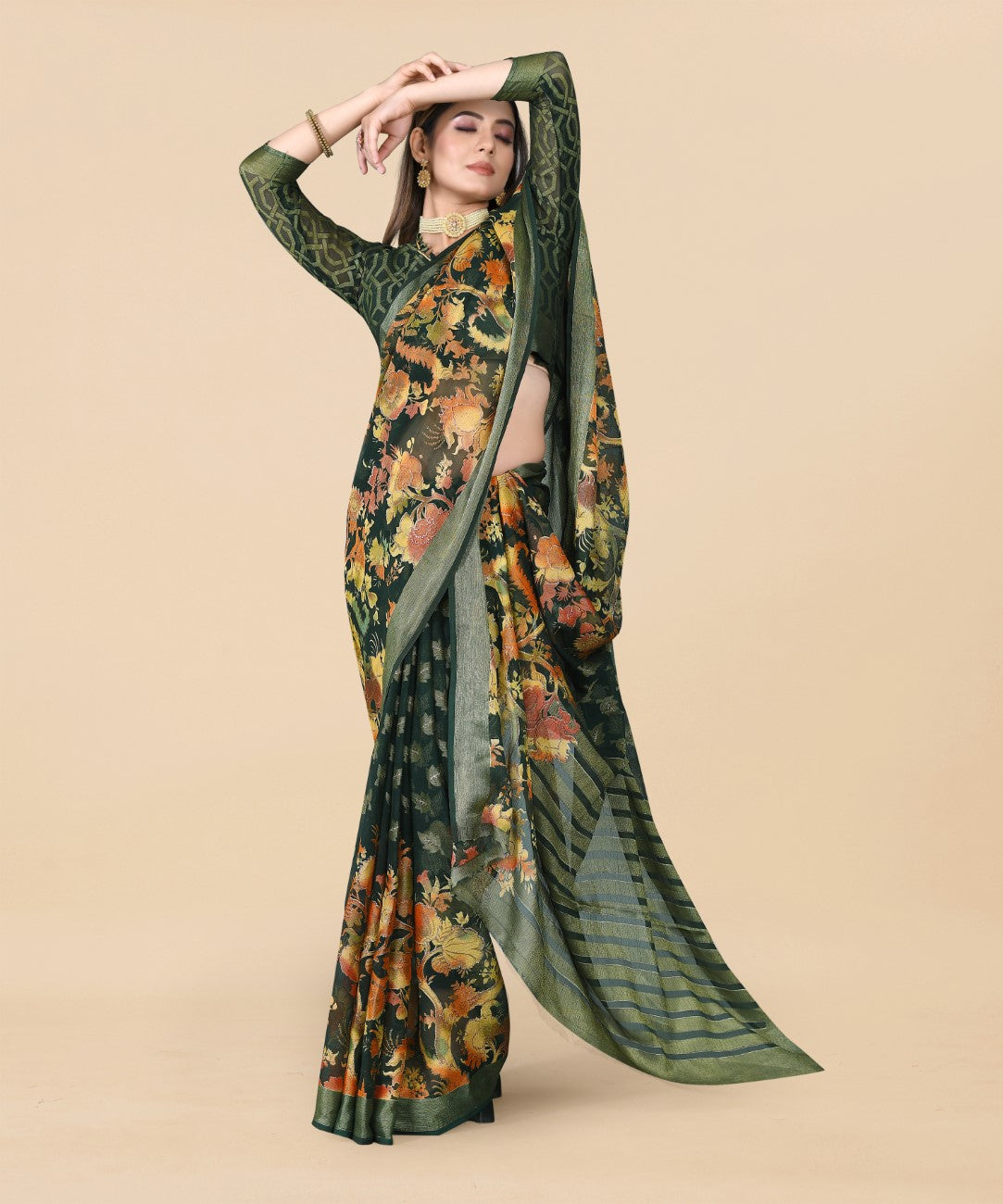 Vsaree Dark Green Ciffon Braso And Zari Weaving And Printed Saree With Blouse And Heavy Rich Pallu