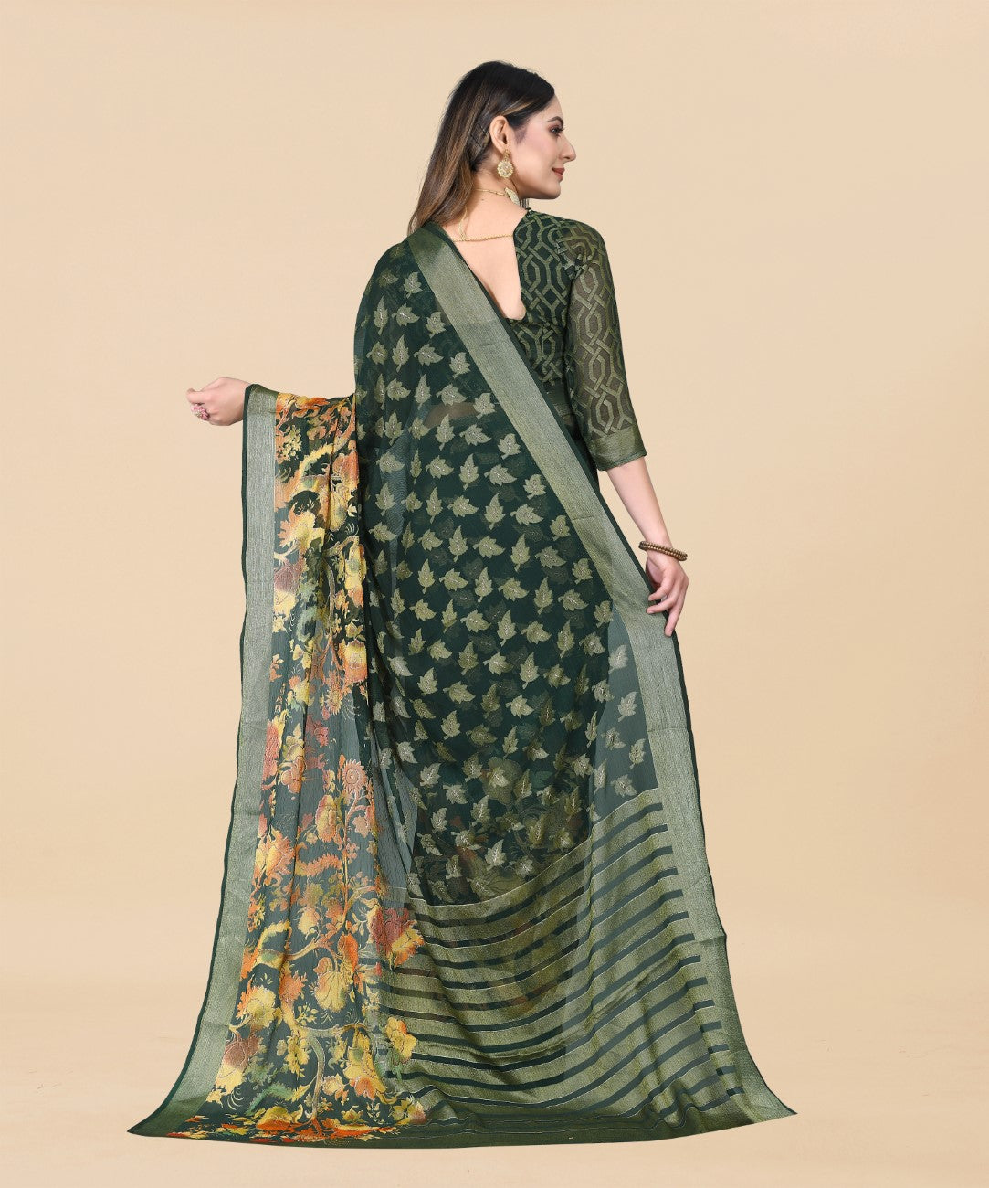 Vsaree Dark Green Ciffon Braso And Zari Weaving And Printed Saree With Blouse And Heavy Rich Pallu