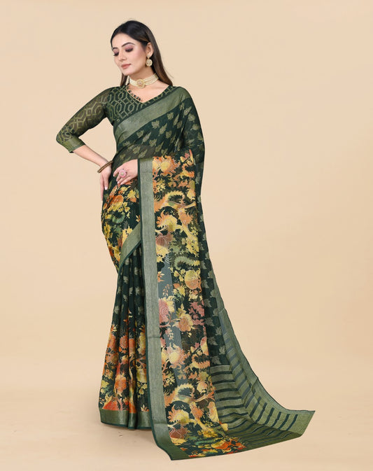 Vsaree Dark Green Ciffon Braso And Zari Weaving And Printed Saree With Blouse And Heavy Rich Pallu