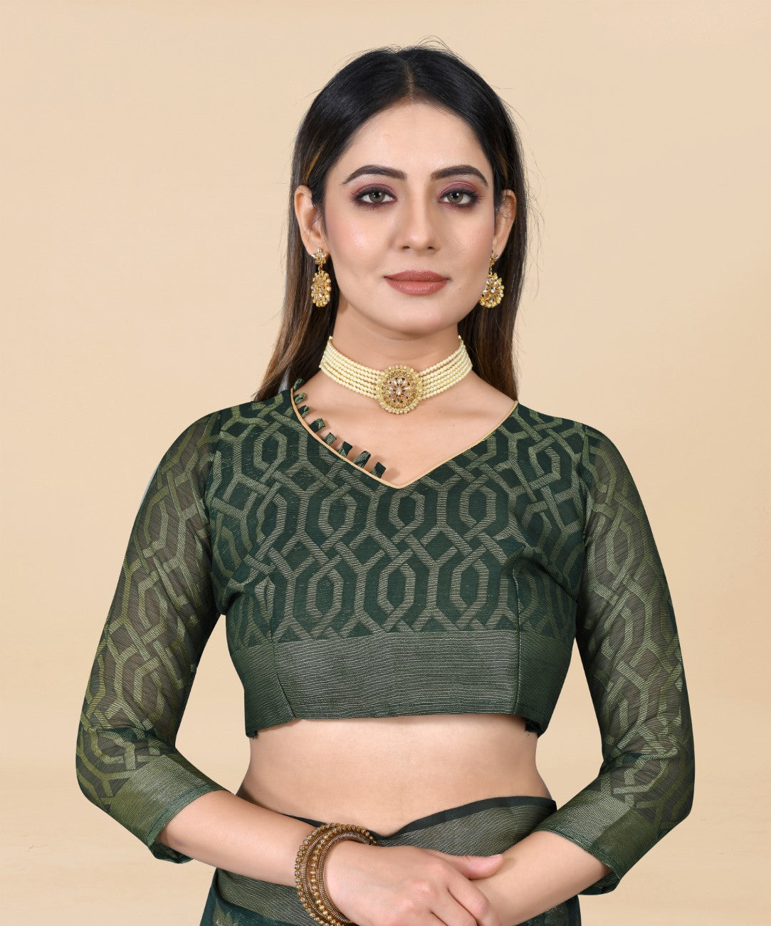 Vsaree Dark Green Ciffon Braso And Zari Weaving And Printed Saree With Blouse And Heavy Rich Pallu