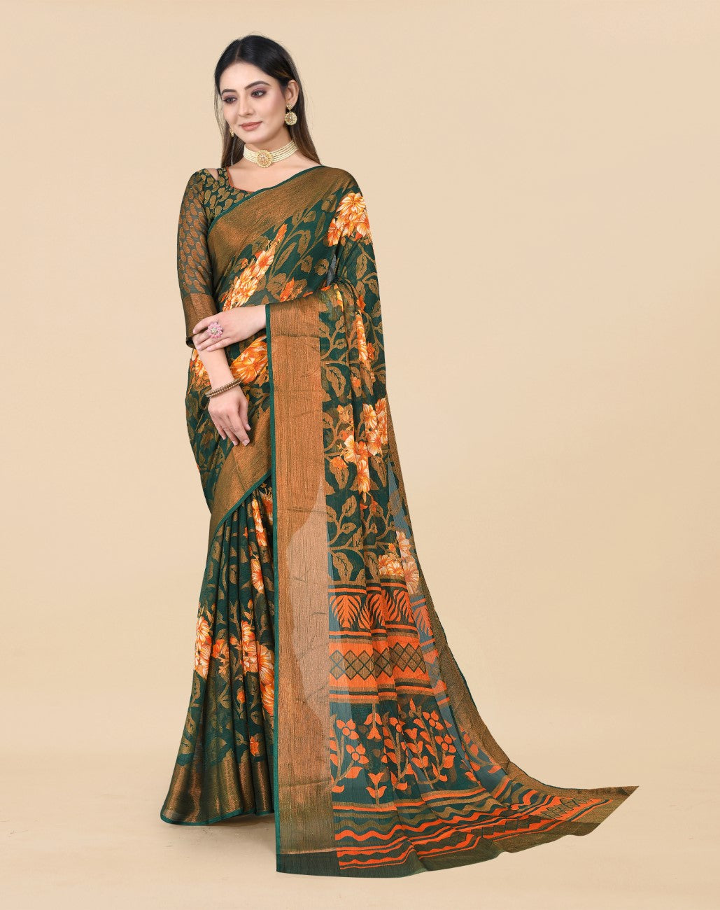 Vsaree Orange Ciffon Braso And Zari Weaving And Printed Saree With Blouse And Heavy Rich Pallu