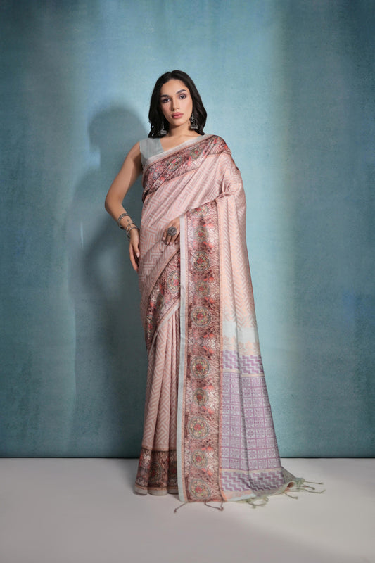 Vsaree Chiku Cotton Saree With Flower checks Waving Pallu And Printed Border With Blouse For Women