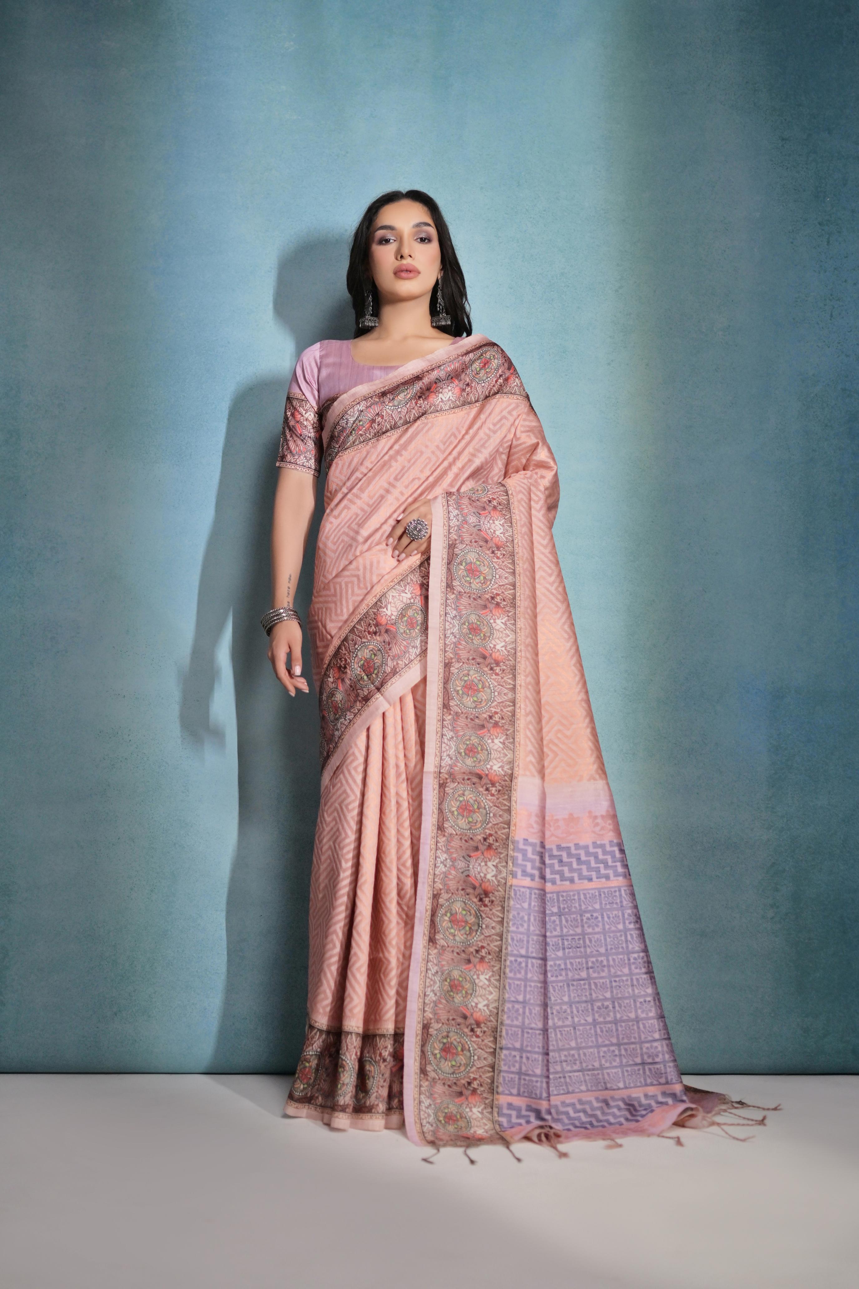 Vsaree Peach Cotton Saree With Flower checks Waving Pallu And Printed Border With Blouse For Women