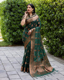 Green Soft Silk Contrast Coper Weaving Border And Rich Pallu Saree With Blouse