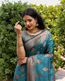 Green Soft Silk Contrast Coper Weaving Border And Rich Pallu Saree With Blouse