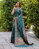 Green Soft Silk Contrast Coper Weaving Border And Rich Pallu Saree With Blouse