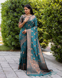 Green Soft Silk Contrast Coper Weaving Border And Rich Pallu Saree With Blouse