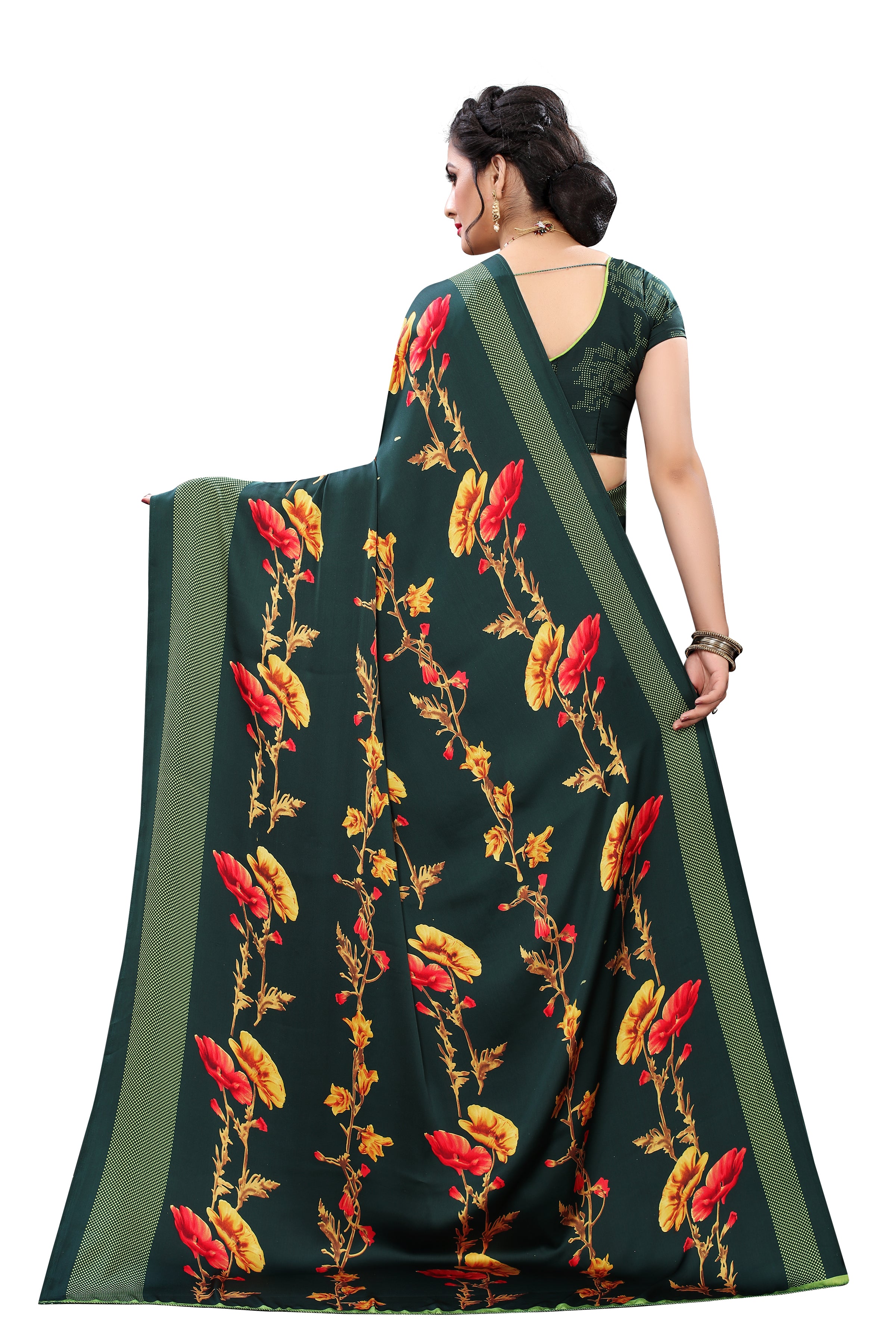 Vsaree Green Printed Japan Crape Saree With Designer Pallu And Blouse