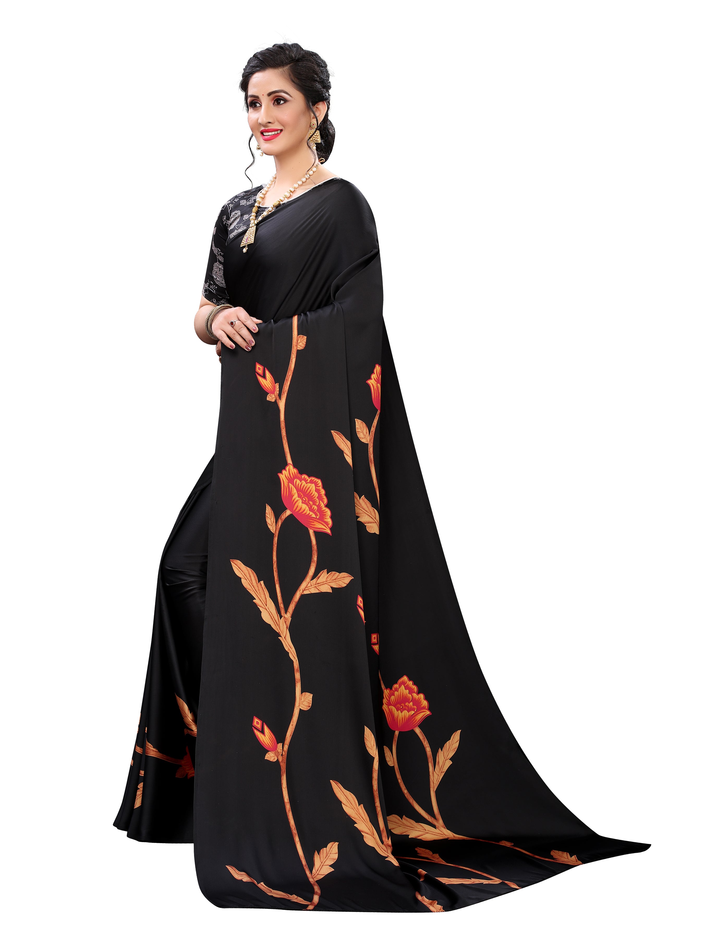 Vsaree Black Printed Japan Crape Saree With Designer Pallu And Blouse