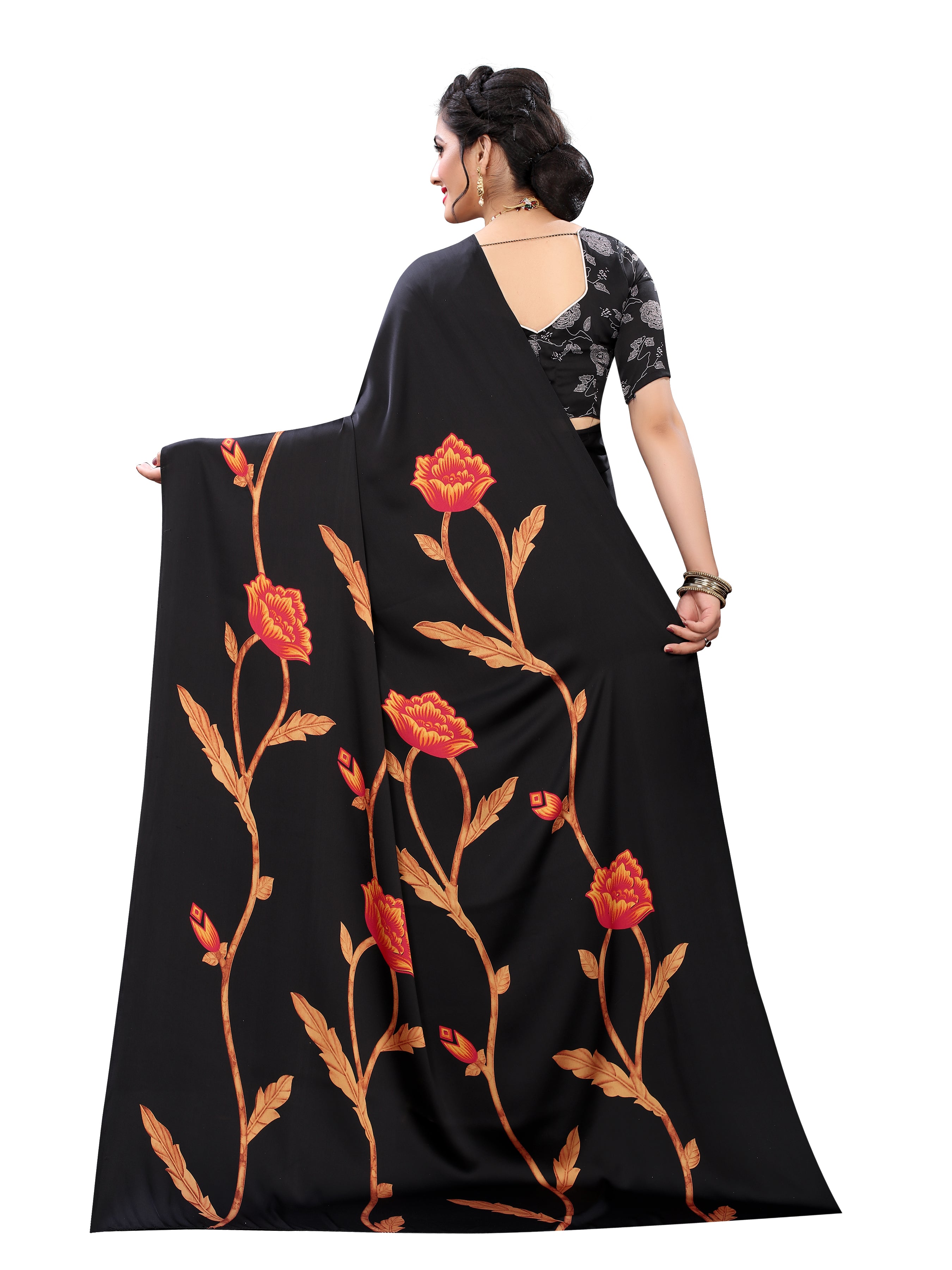 Vsaree Black Printed Japan Crape Saree With Designer Pallu And Blouse