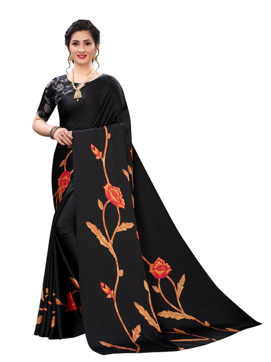 Vsaree Black Printed Japan Crape Saree With Designer Pallu And Blouse