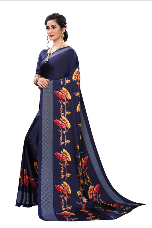 Vsaree Blue Printed Japan Crape Saree With Designer Pallu And Blouse