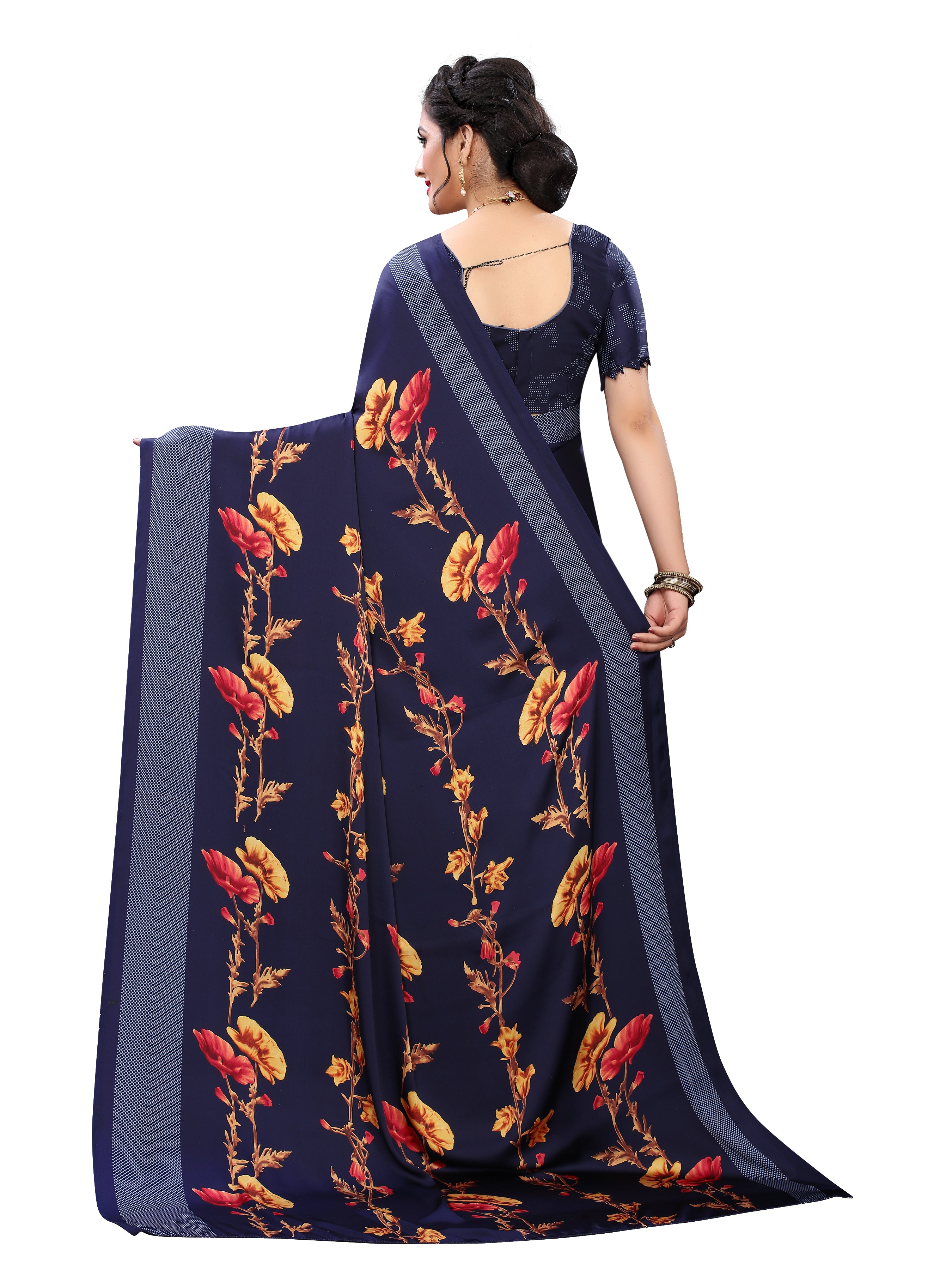 Vsaree Blue Printed Japan Crape Saree With Designer Pallu And Blouse