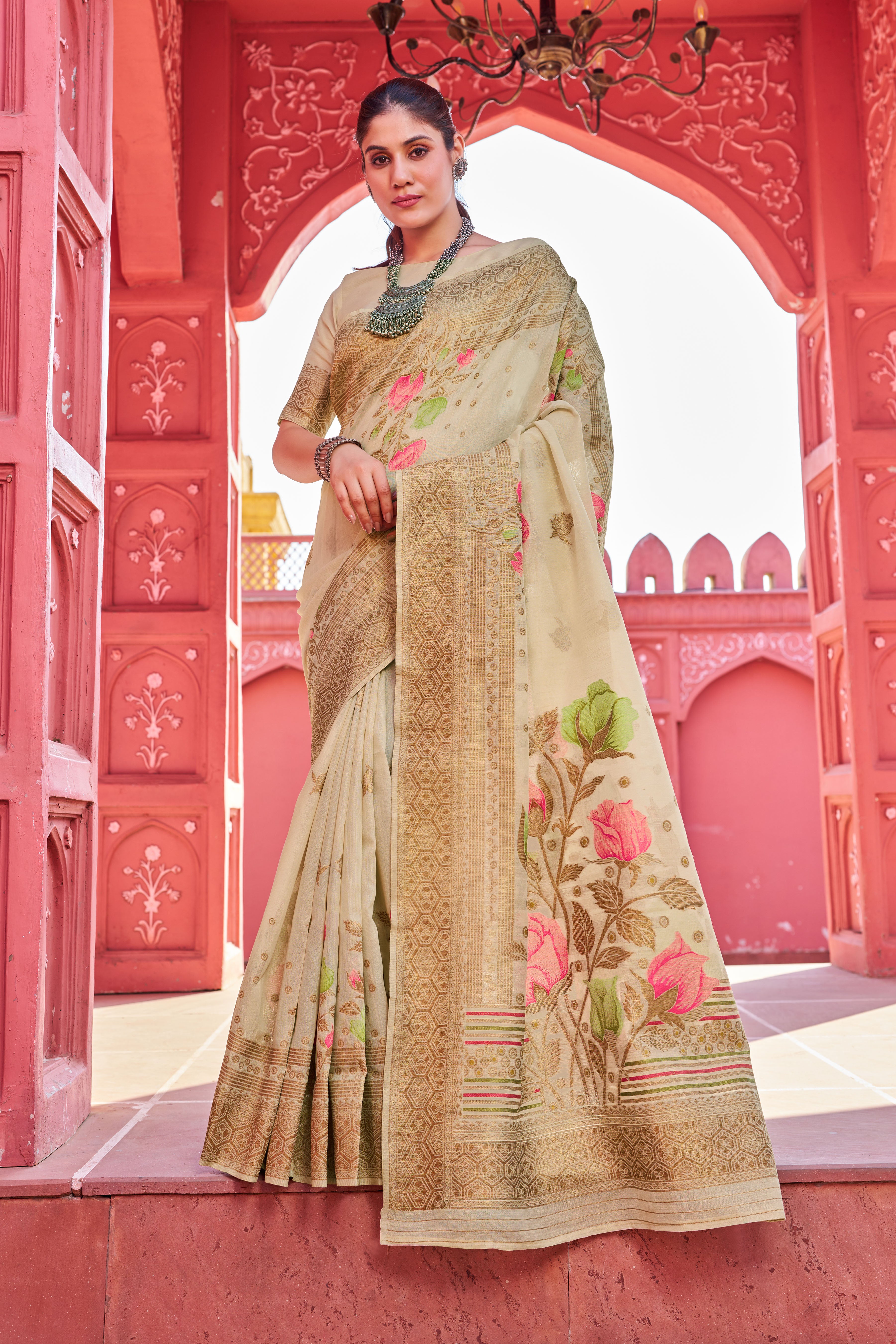 Vsaree Banarasi Cotton Blend Saree With Designer Border And Blouse