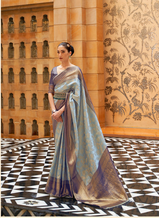 Designer Banarasi Soft Silk Saree With Pure Golden Zari Border And Blouse