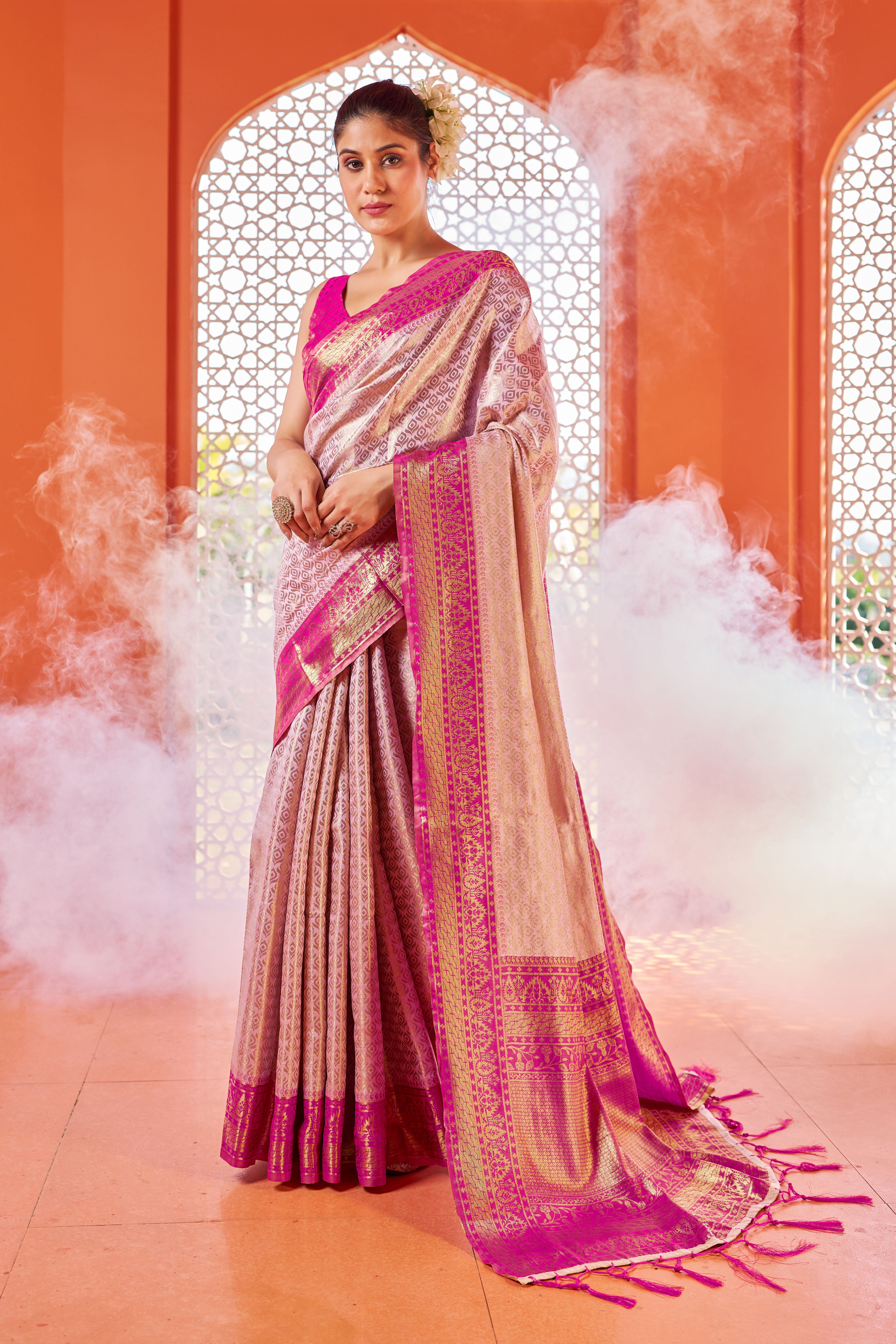 Designer Pink Color Banarasi Silk Golden Border With Banarasi Design Saree And Blouse