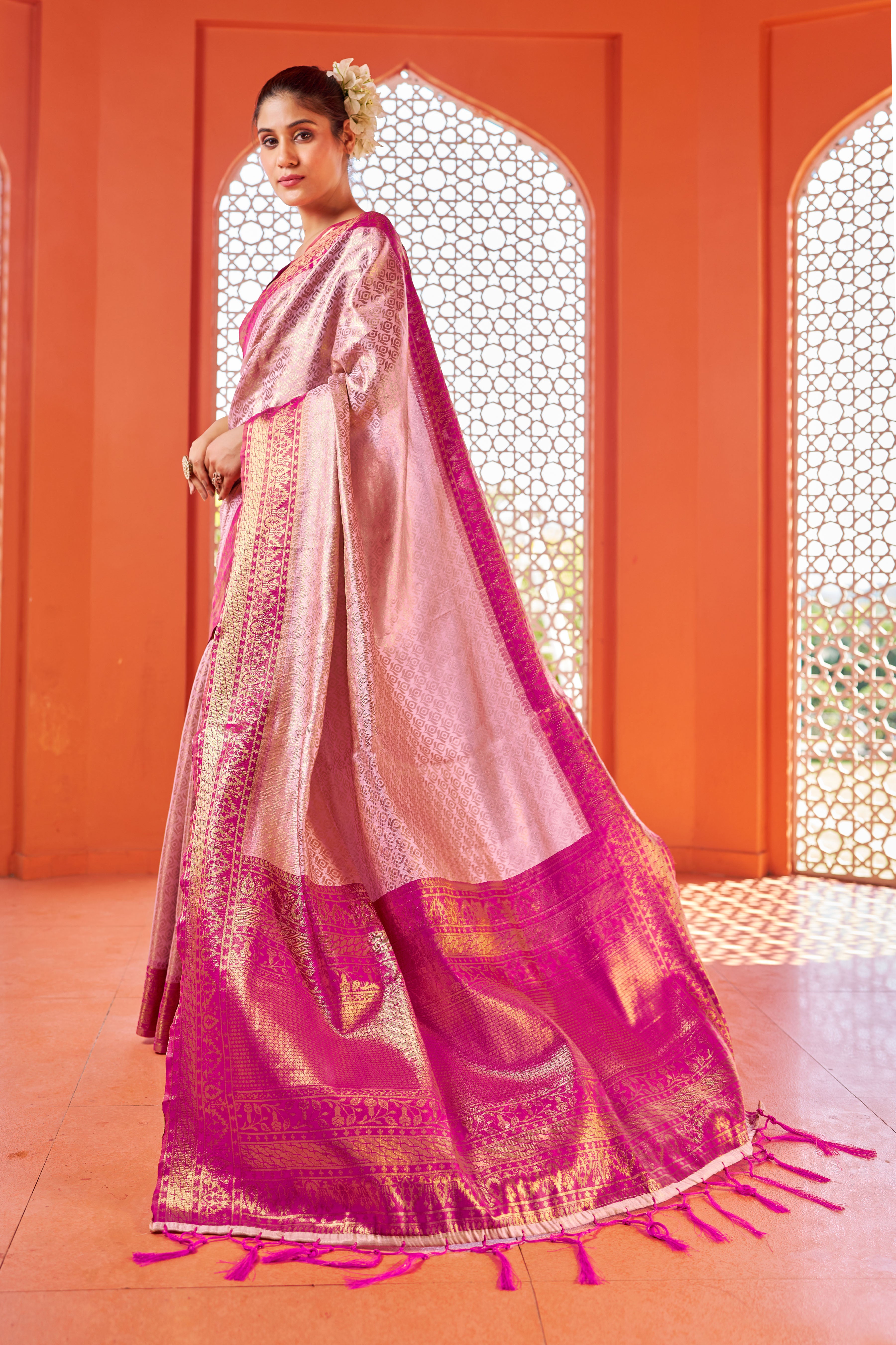 Designer Pink Color Banarasi Silk Golden Border With Banarasi Design Saree And Blouse