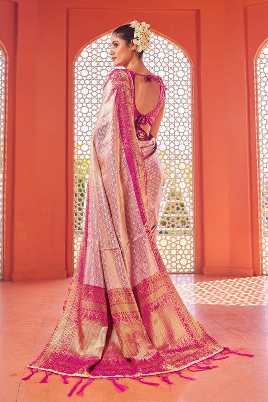 Designer Pink Color Banarasi Silk Golden Border With Banarasi Design Saree And Blouse