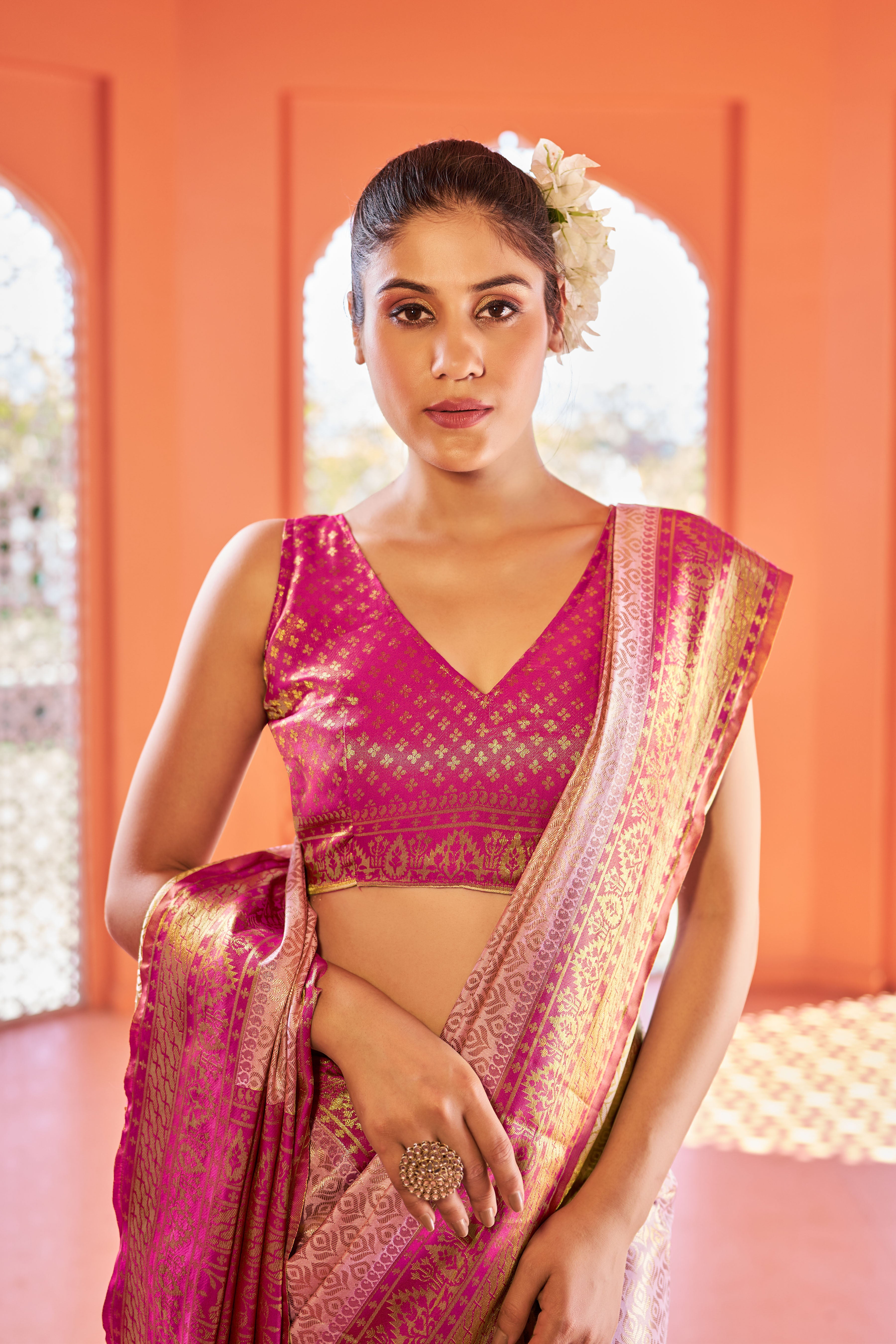 Designer Pink Color Banarasi Silk Golden Border With Banarasi Design Saree And Blouse