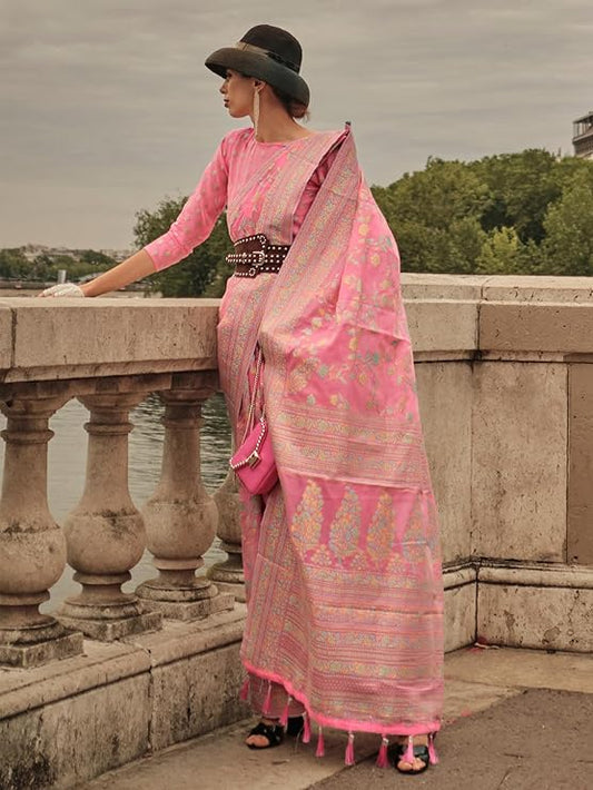 Vsaree Pink Banarasi Soft Silk Saree With Designer Border And Blouse