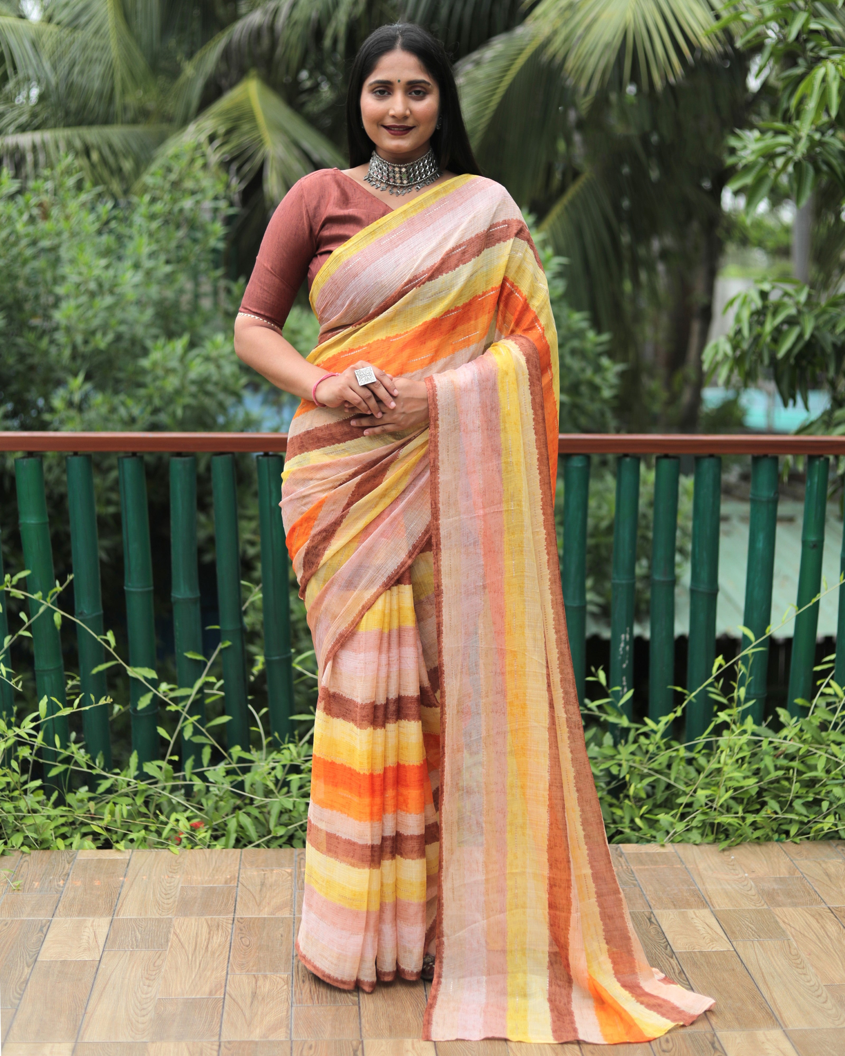 Vsaree Moss Chiffon Silk Print With Gold Foil Touch Up Saree With Blouse For Women