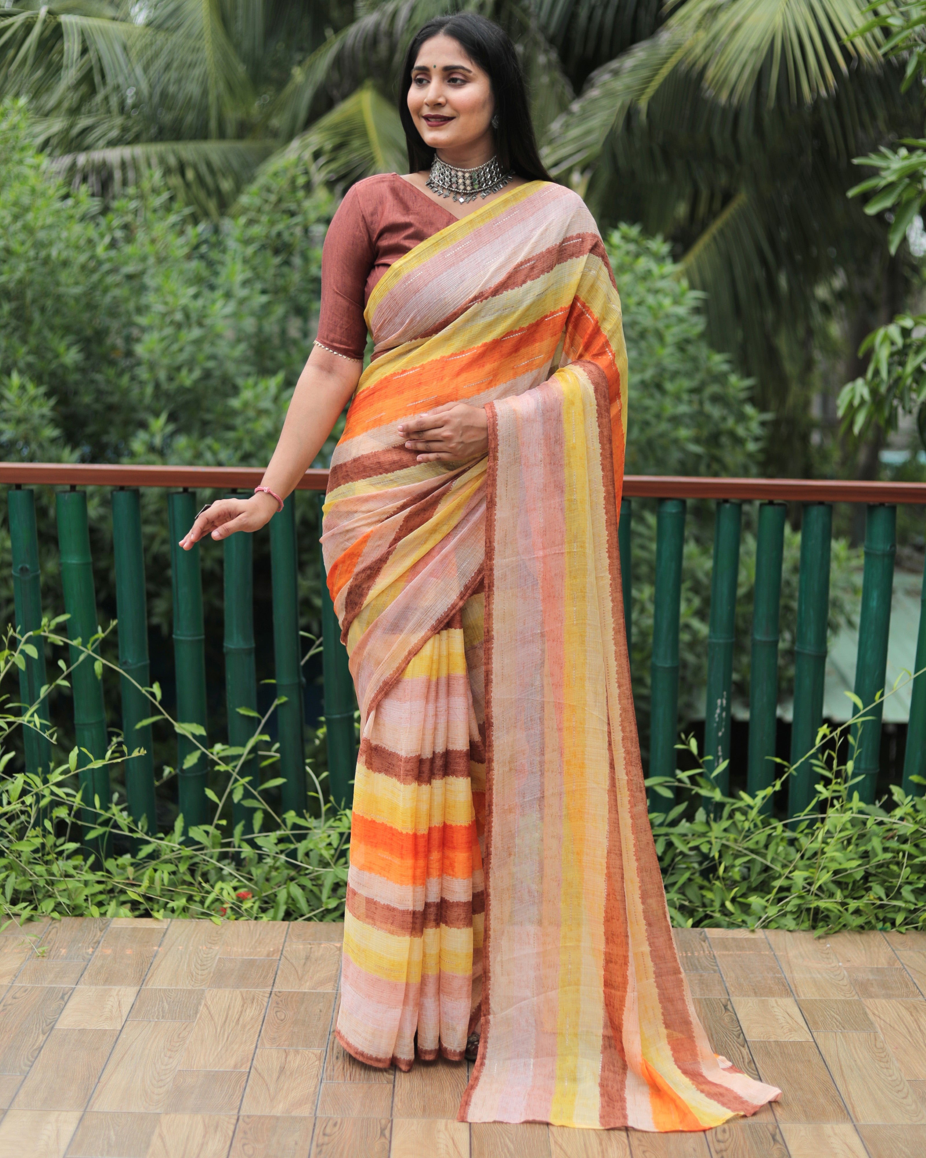 Vsaree Moss Chiffon Silk Print With Gold Foil Touch Up Saree With Blouse For Women