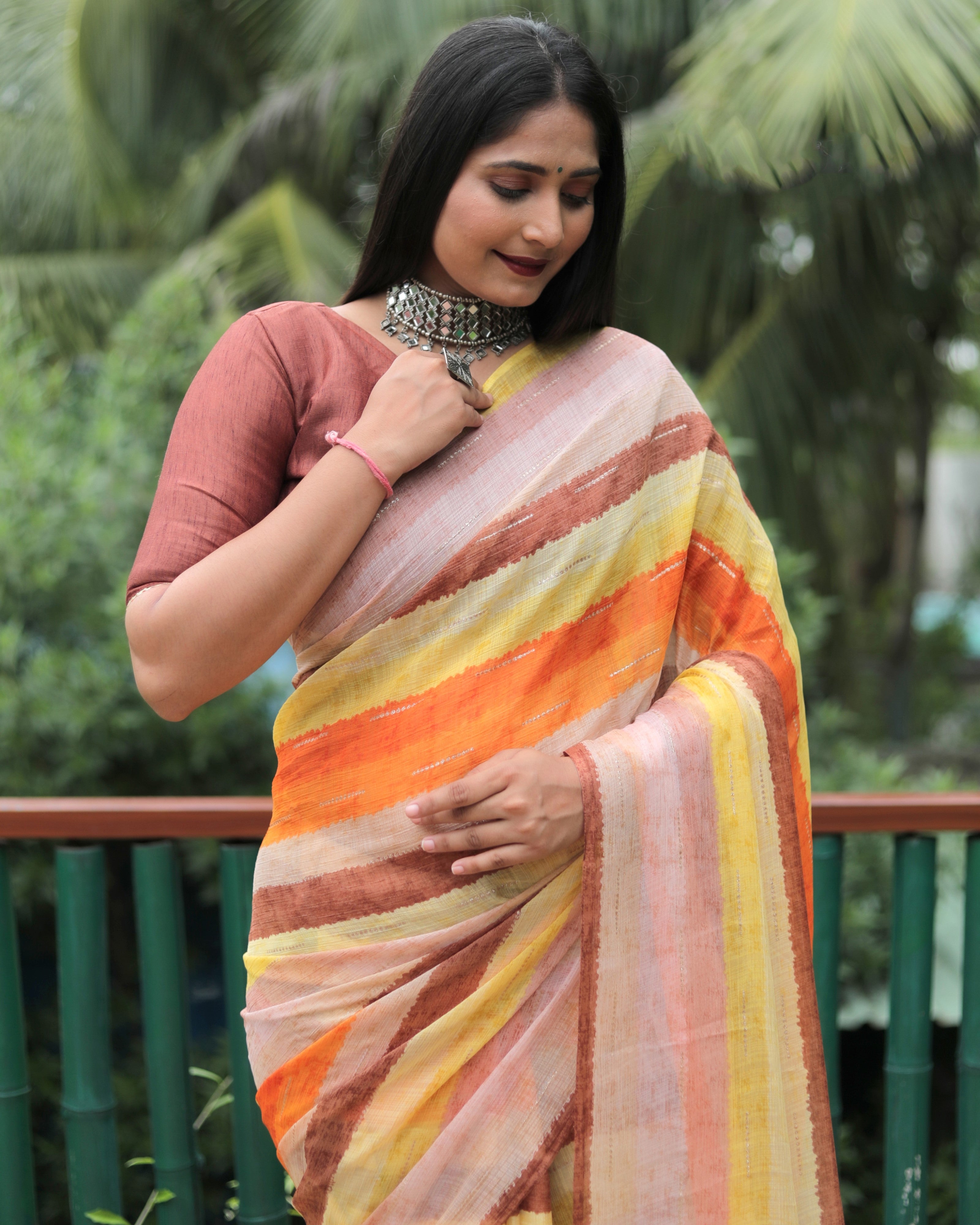 Vsaree Moss Chiffon Silk Print With Gold Foil Touch Up Saree With Blouse For Women