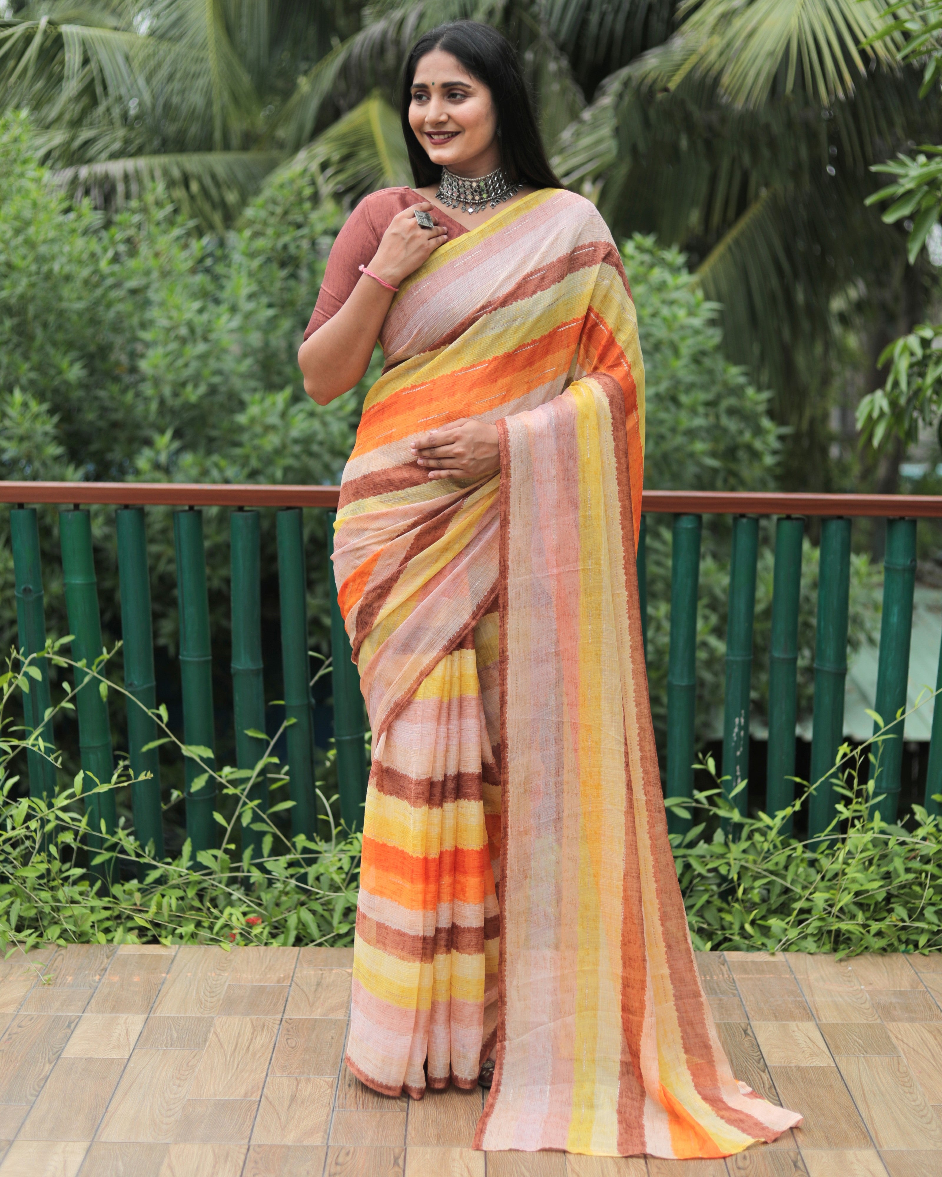 Vsaree Moss Chiffon Silk Print With Gold Foil Touch Up Saree With Blouse For Women