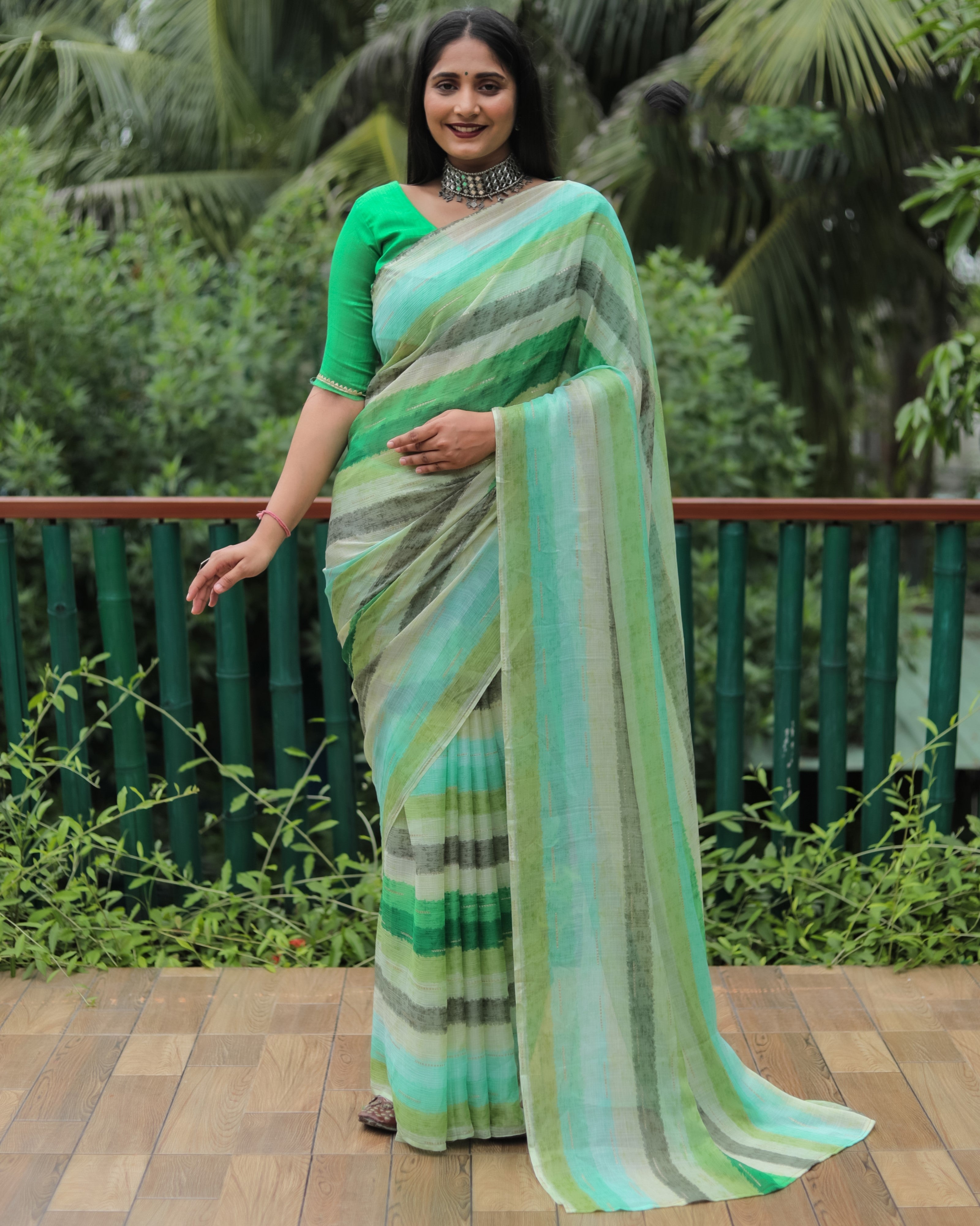 Vsaree Moss Chiffon Silk Print With Gold Foil Touch Up Saree With Blouse For Women